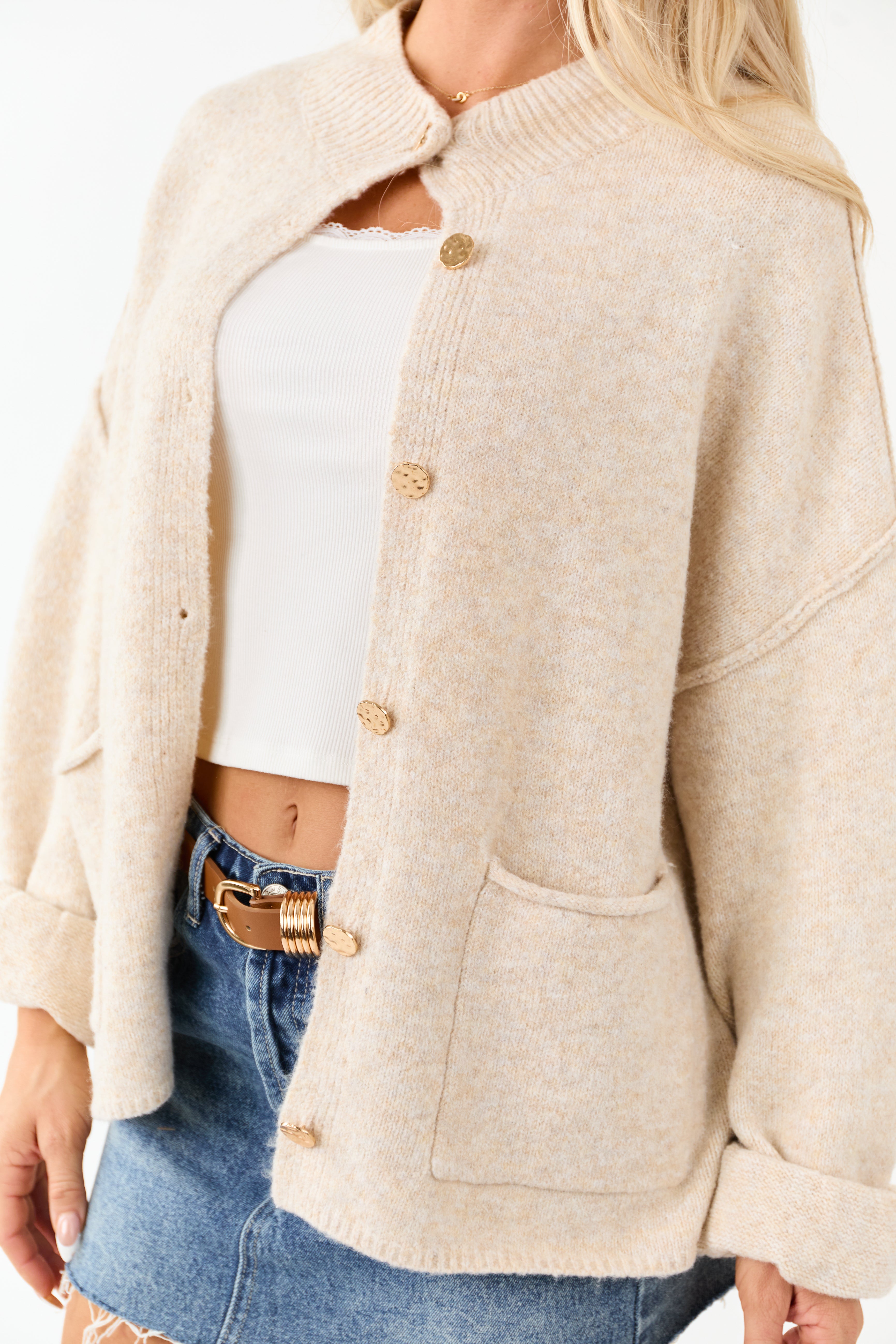 Entro Champagne Button Up Knit Wool Blend Cardigan
