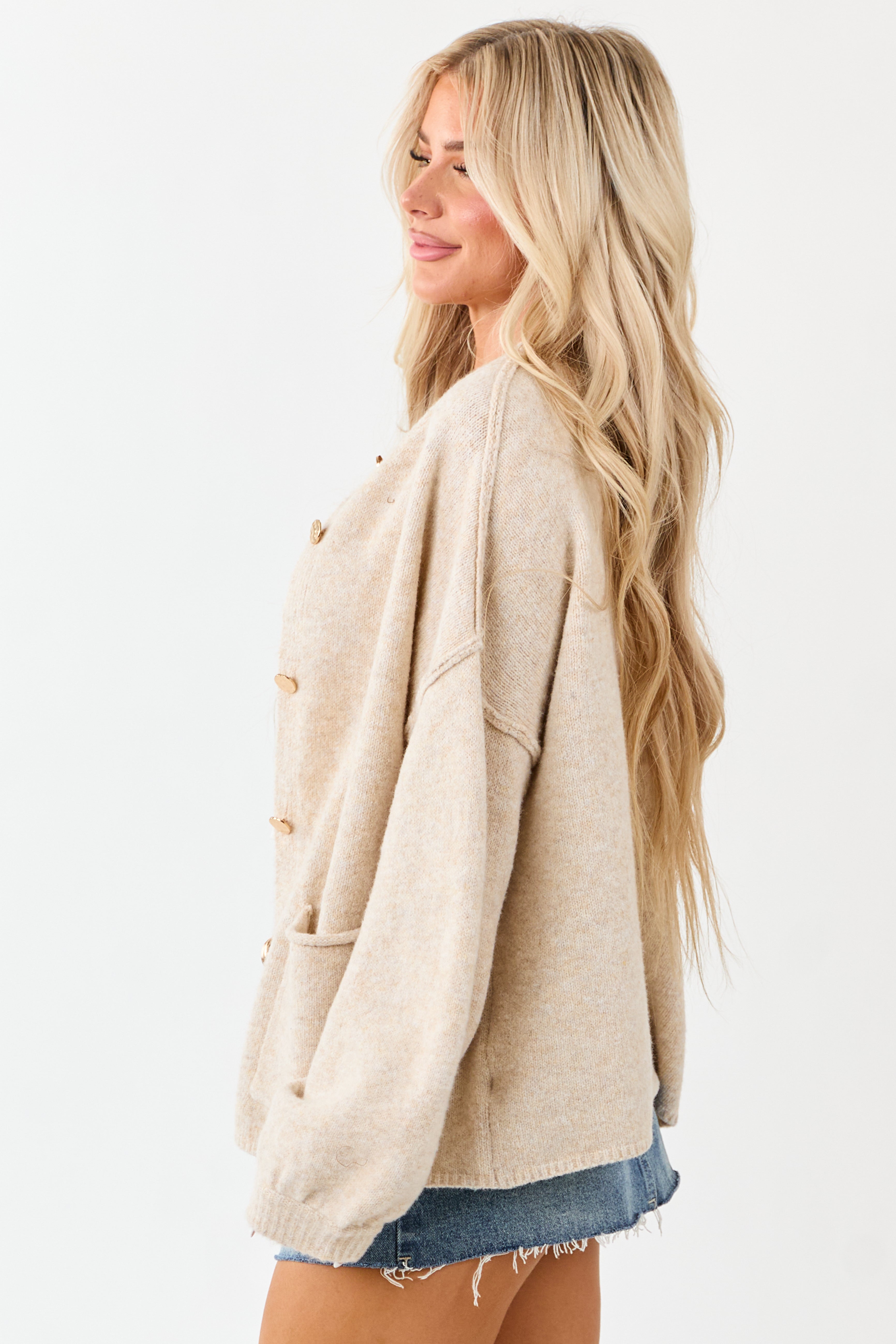 Entro Champagne Button Up Knit Wool Blend Cardigan