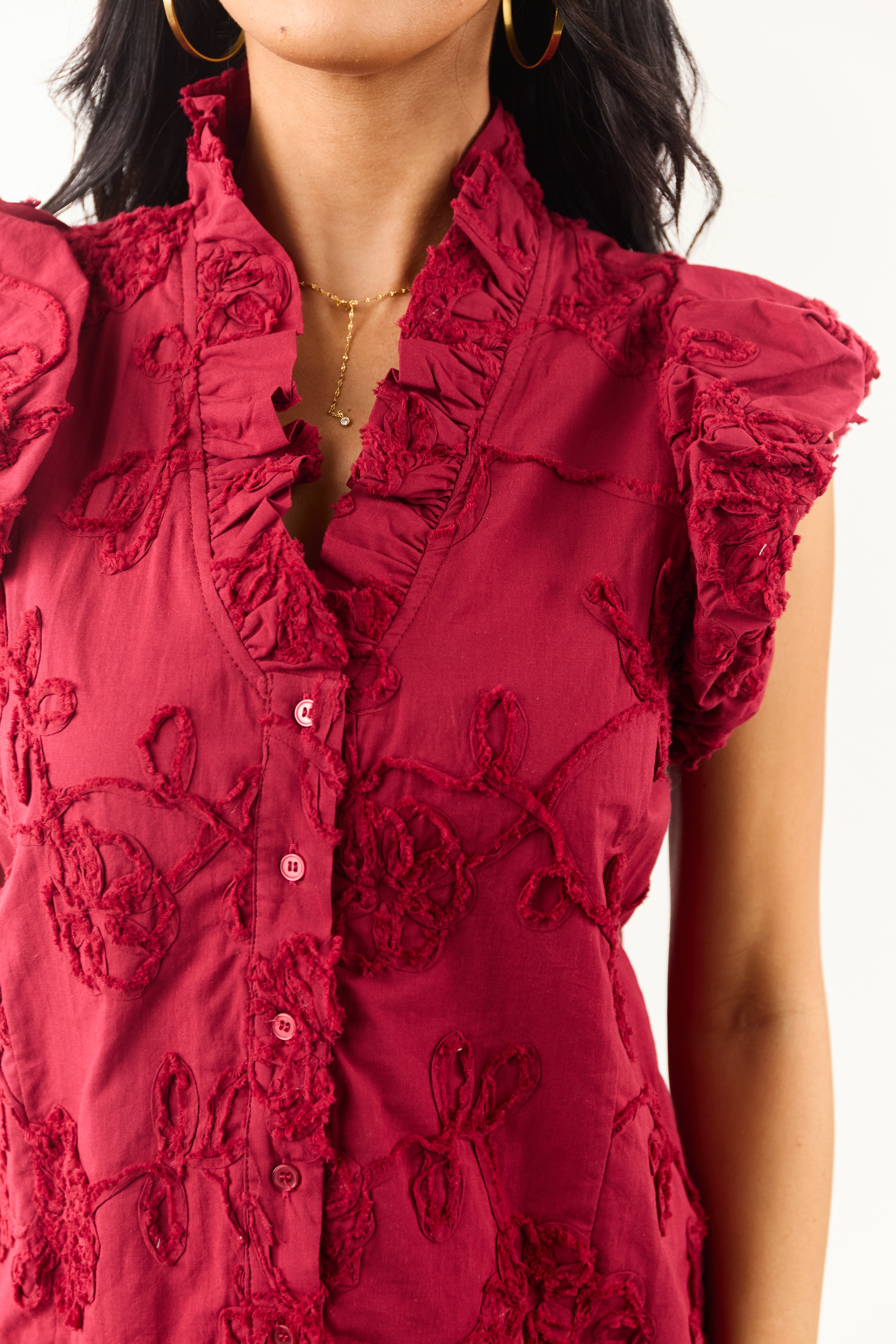 Entro Cherry 3D Floral Button Down Cotton Top