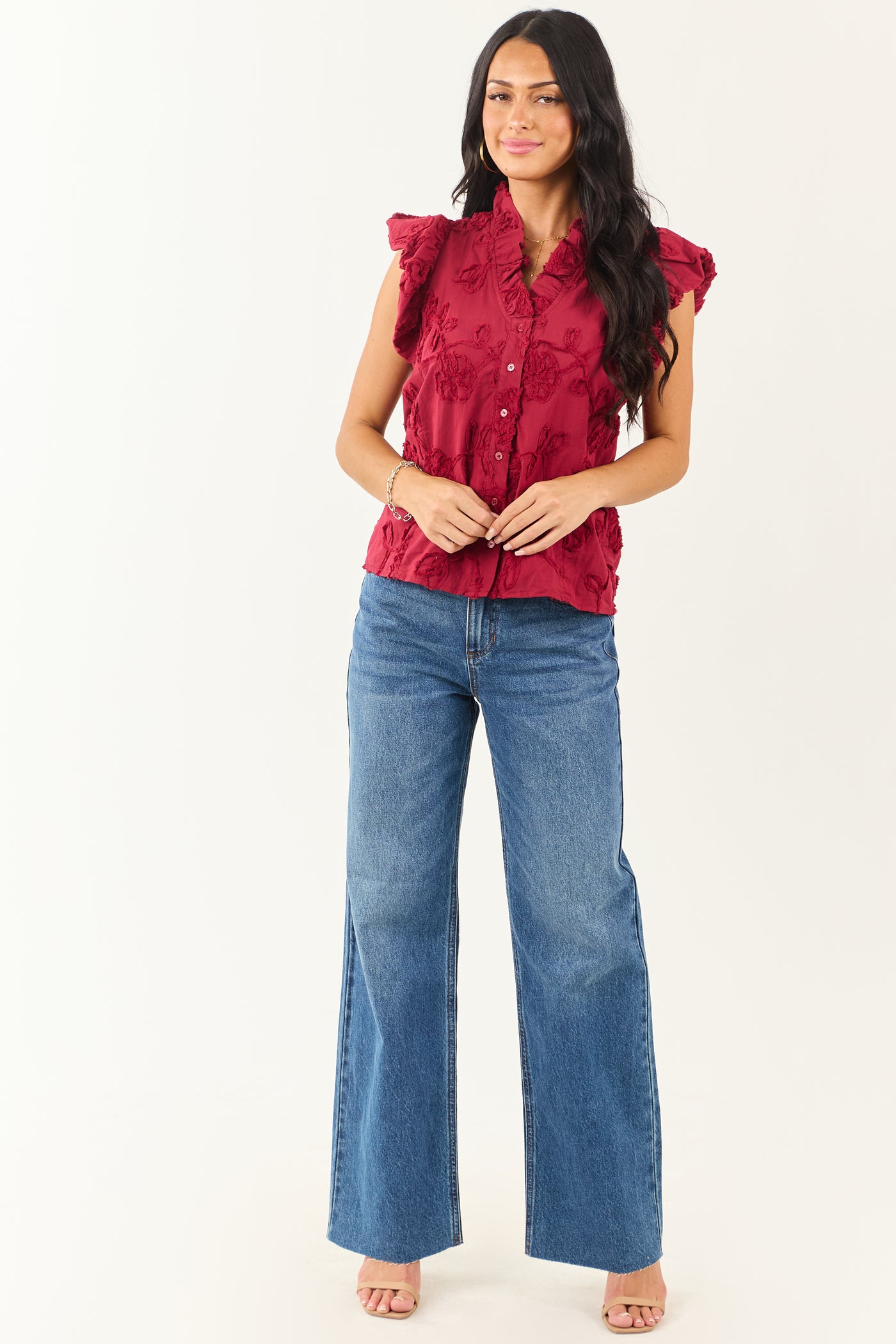 Entro Cherry 3D Floral Button Down Cotton Top
