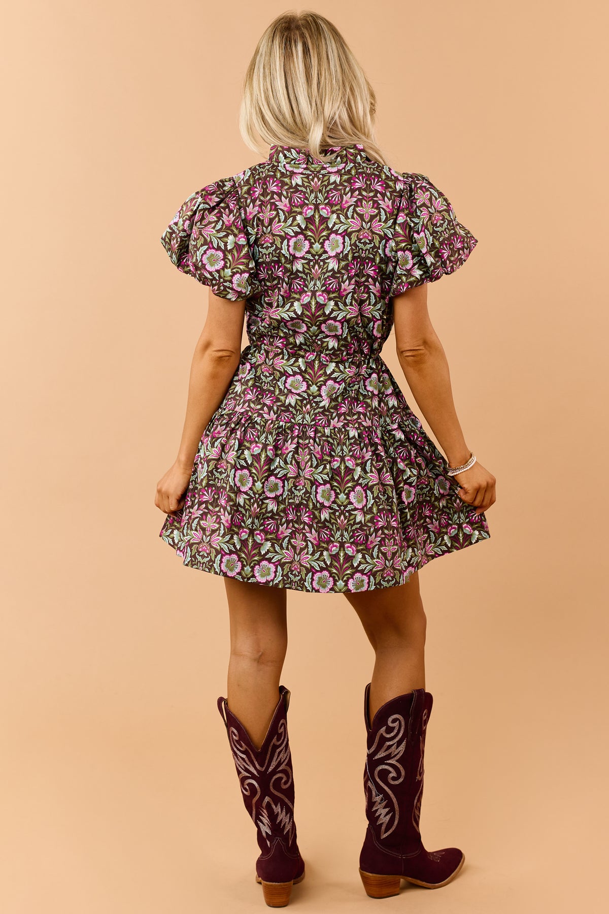 Entro Chocolate Floral Cotton Puff Sleeve Mini Dress
