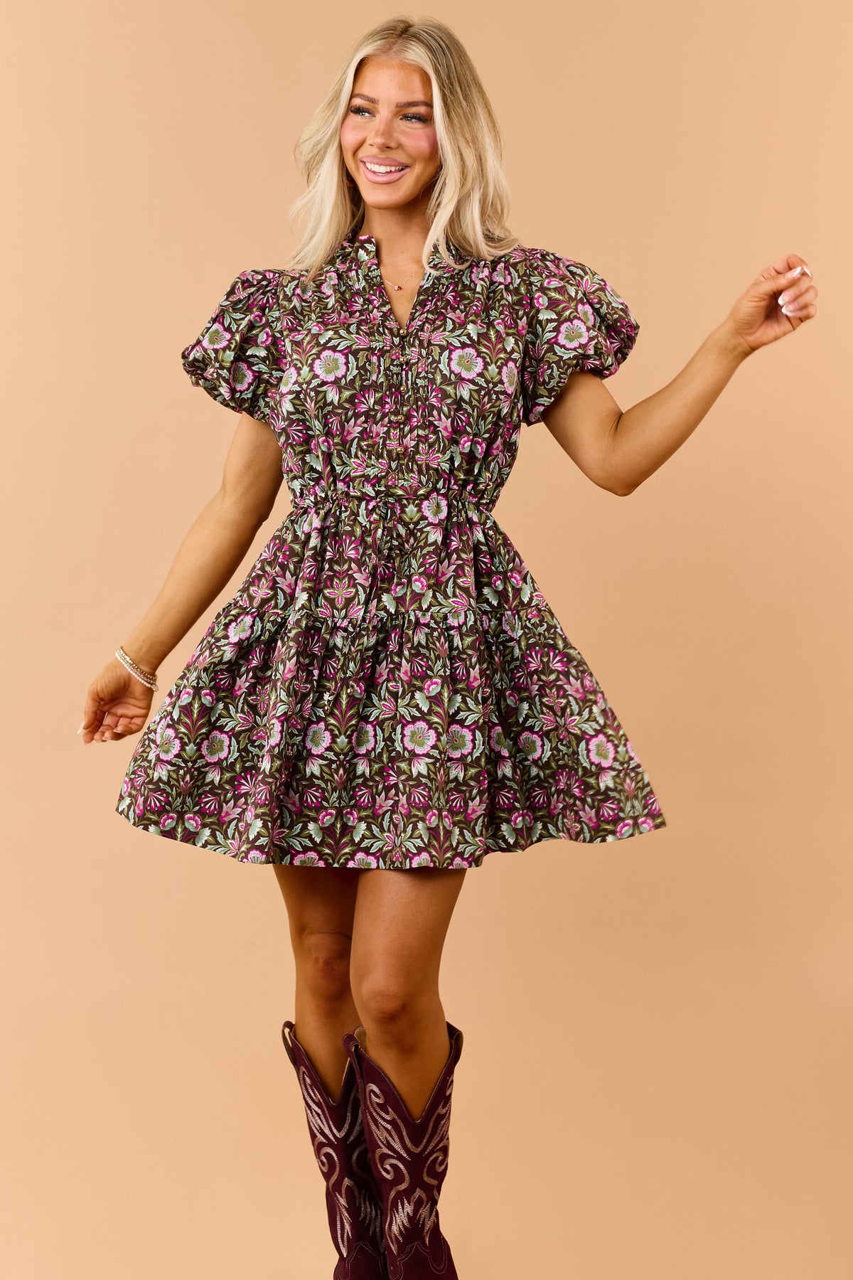 Entro Chocolate Floral Cotton Puff Sleeve Mini Dress