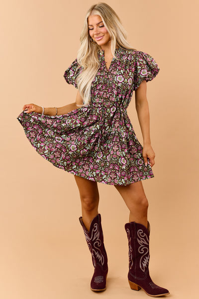 Entro Chocolate Floral Cotton Puff Sleeve Mini Dress