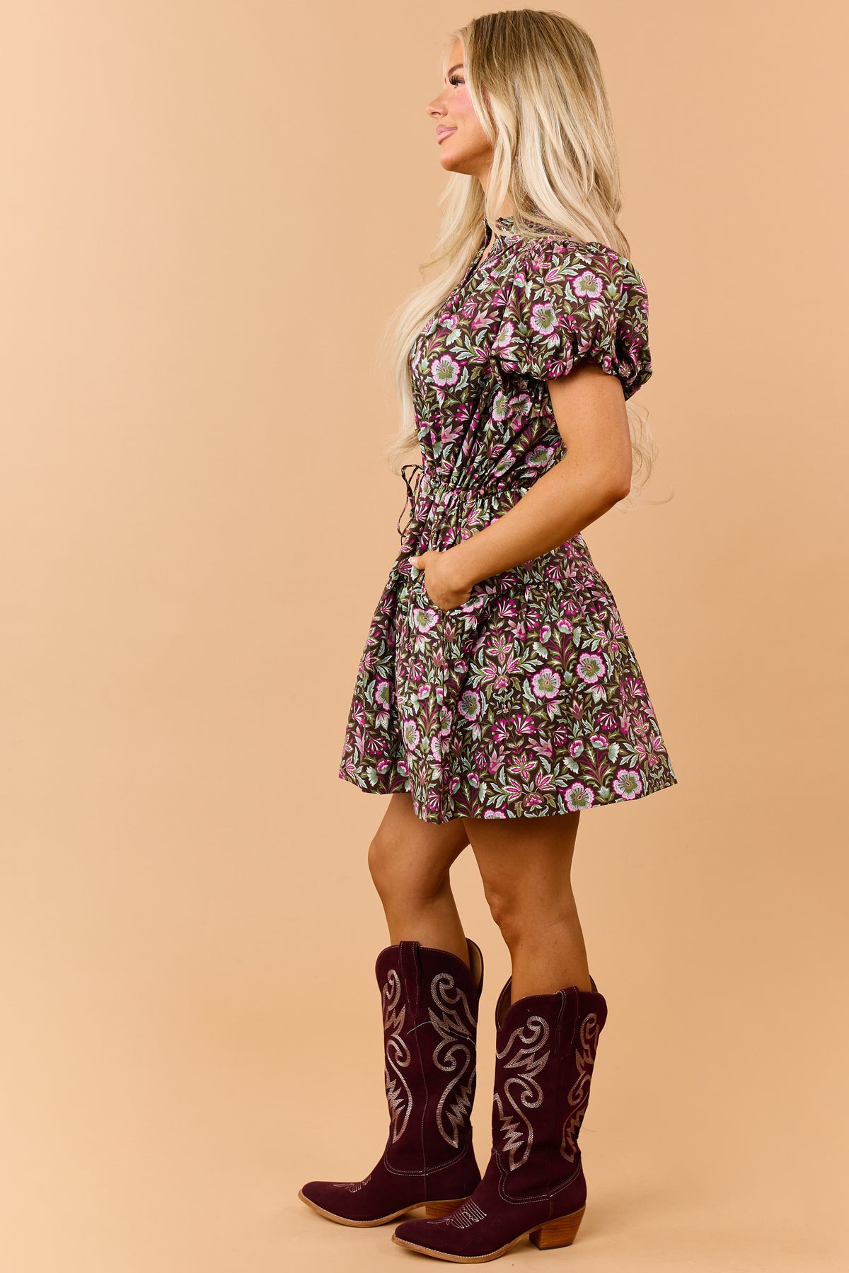 Entro Chocolate Floral Cotton Puff Sleeve Mini Dress