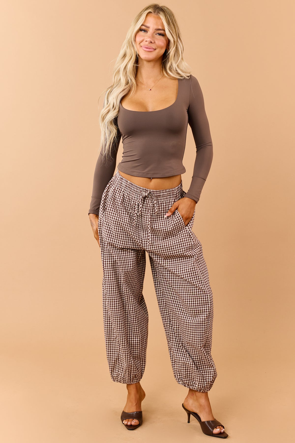 Entro Chocolate Gingham Drawstring Jogger Pants
