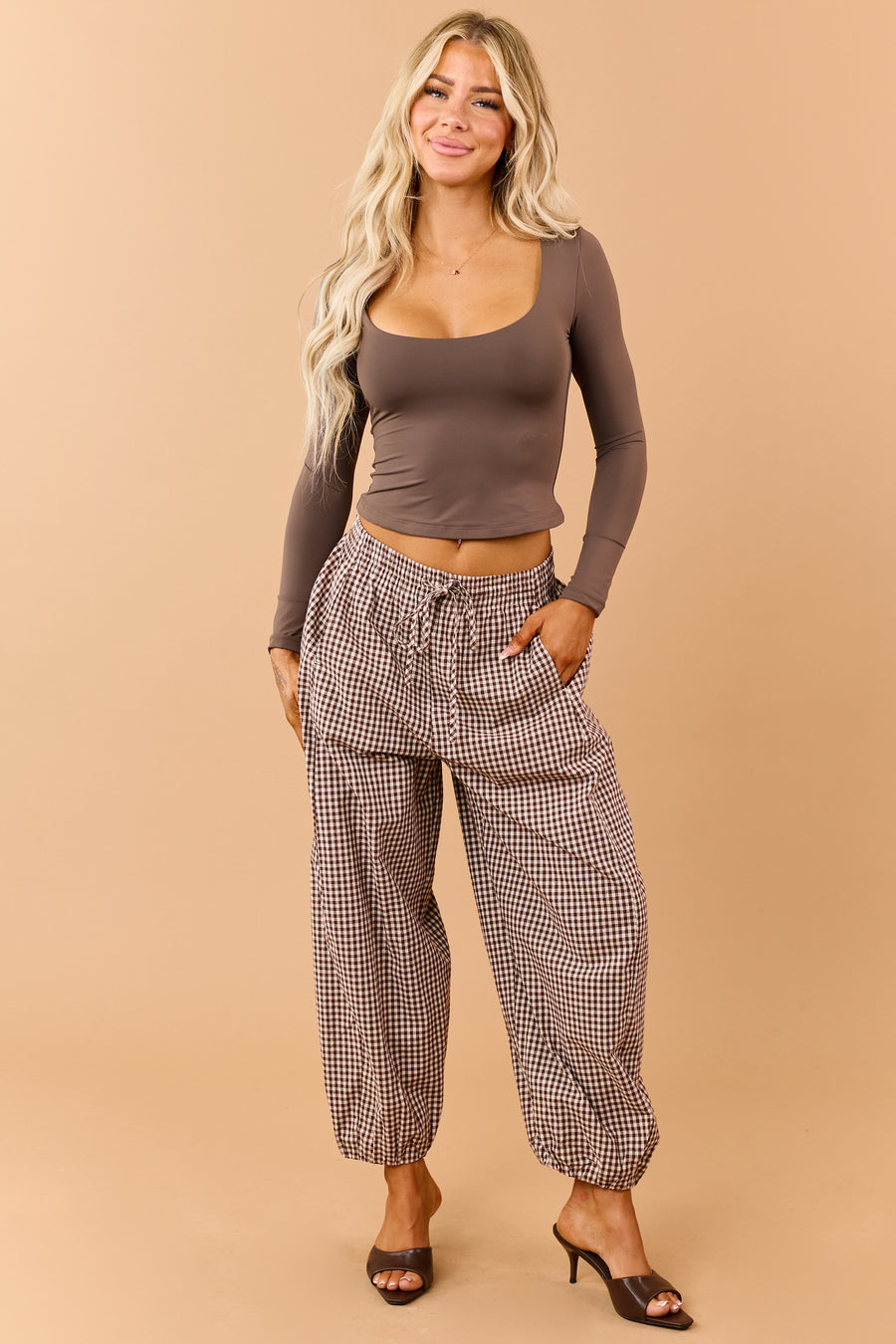 Entro Chocolate Gingham Drawstring Jogger Pants