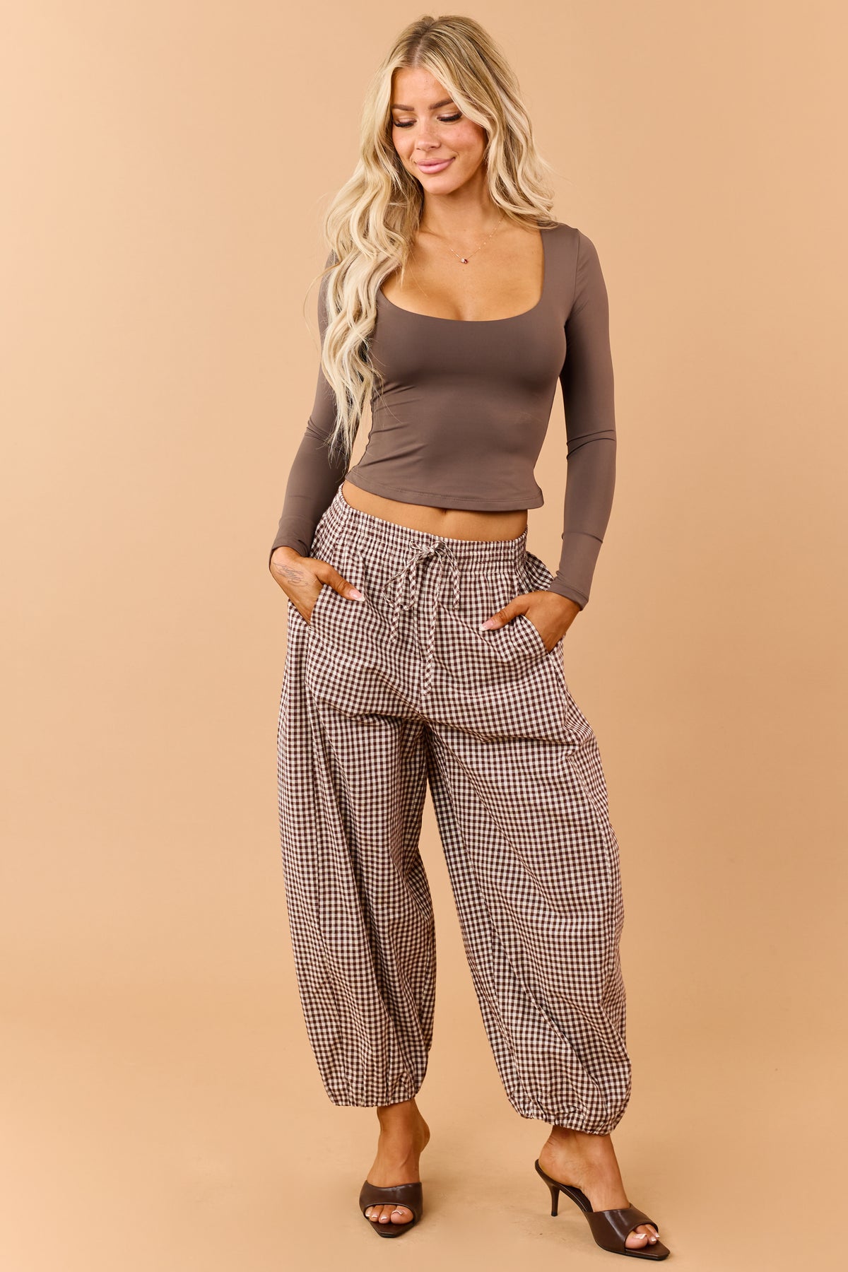Entro Chocolate Gingham Drawstring Jogger Pants