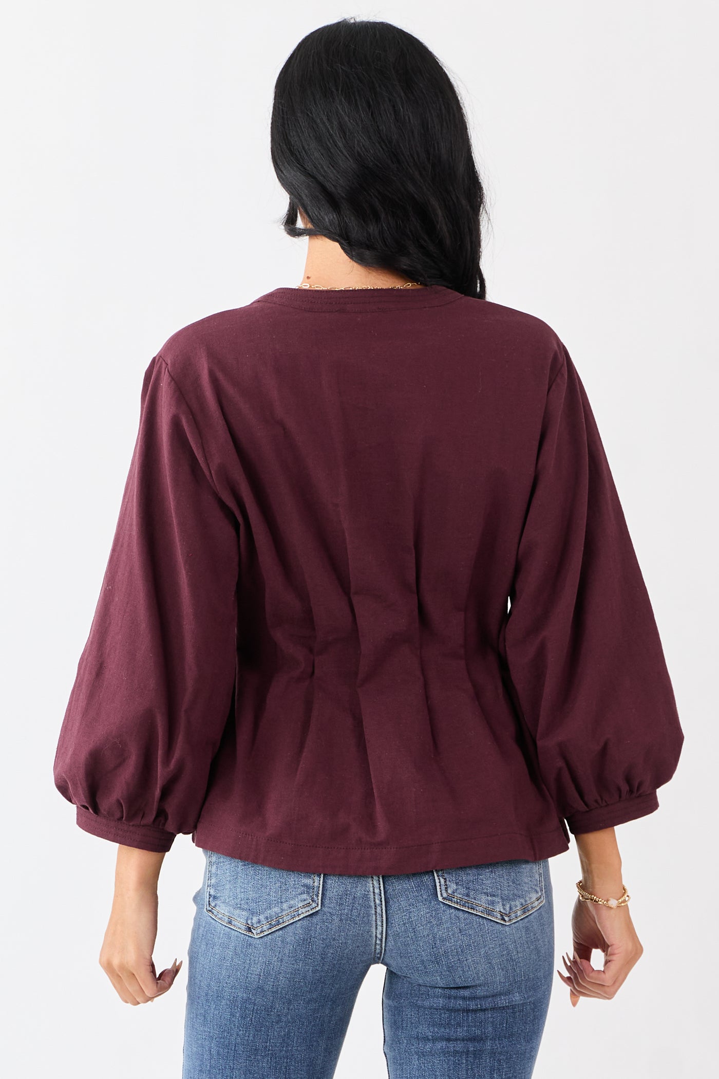 Entro Chocolate V-Neck Long Sleeve Pleated Top