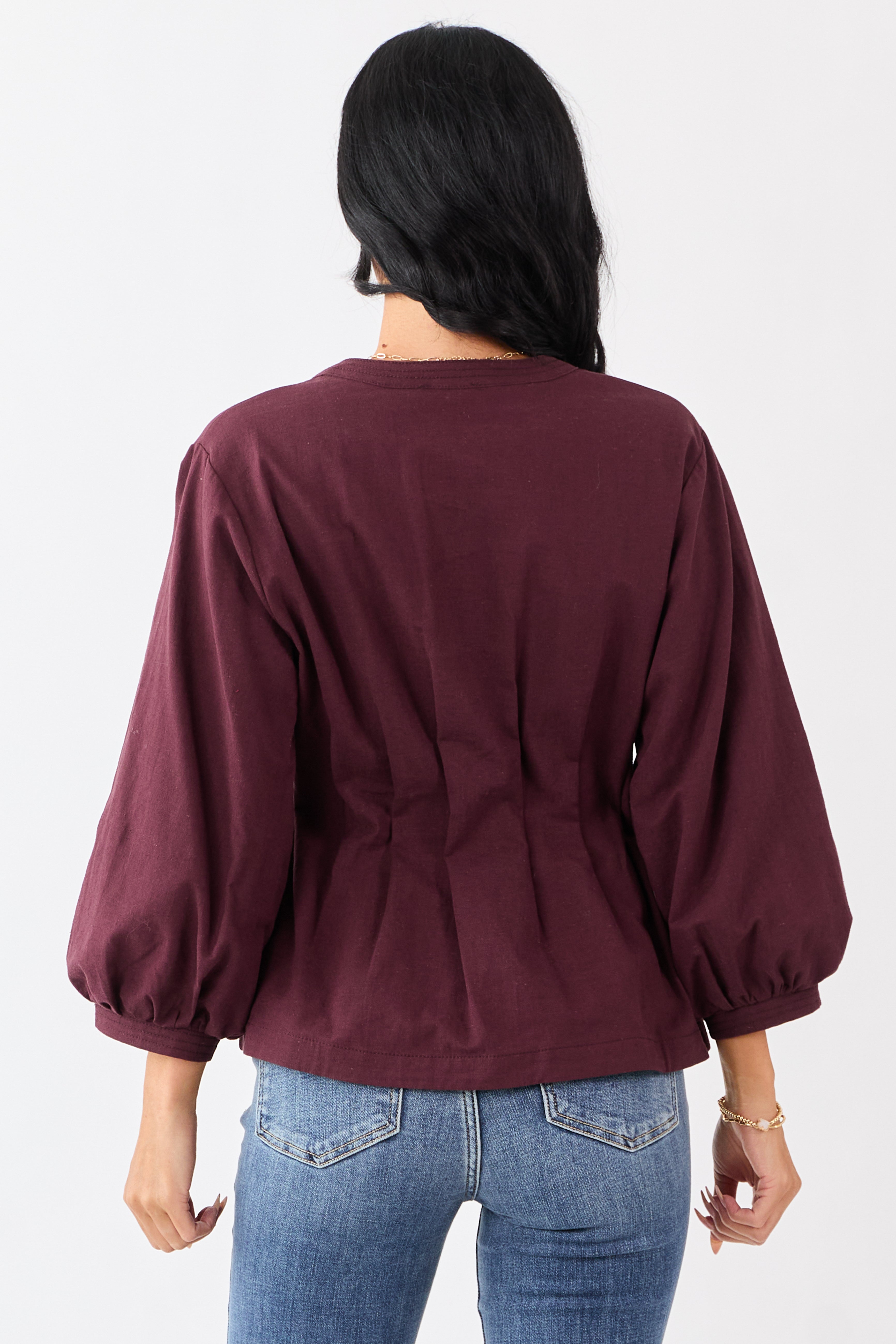Entro Chocolate V-Neck Long Sleeve Pleated Top