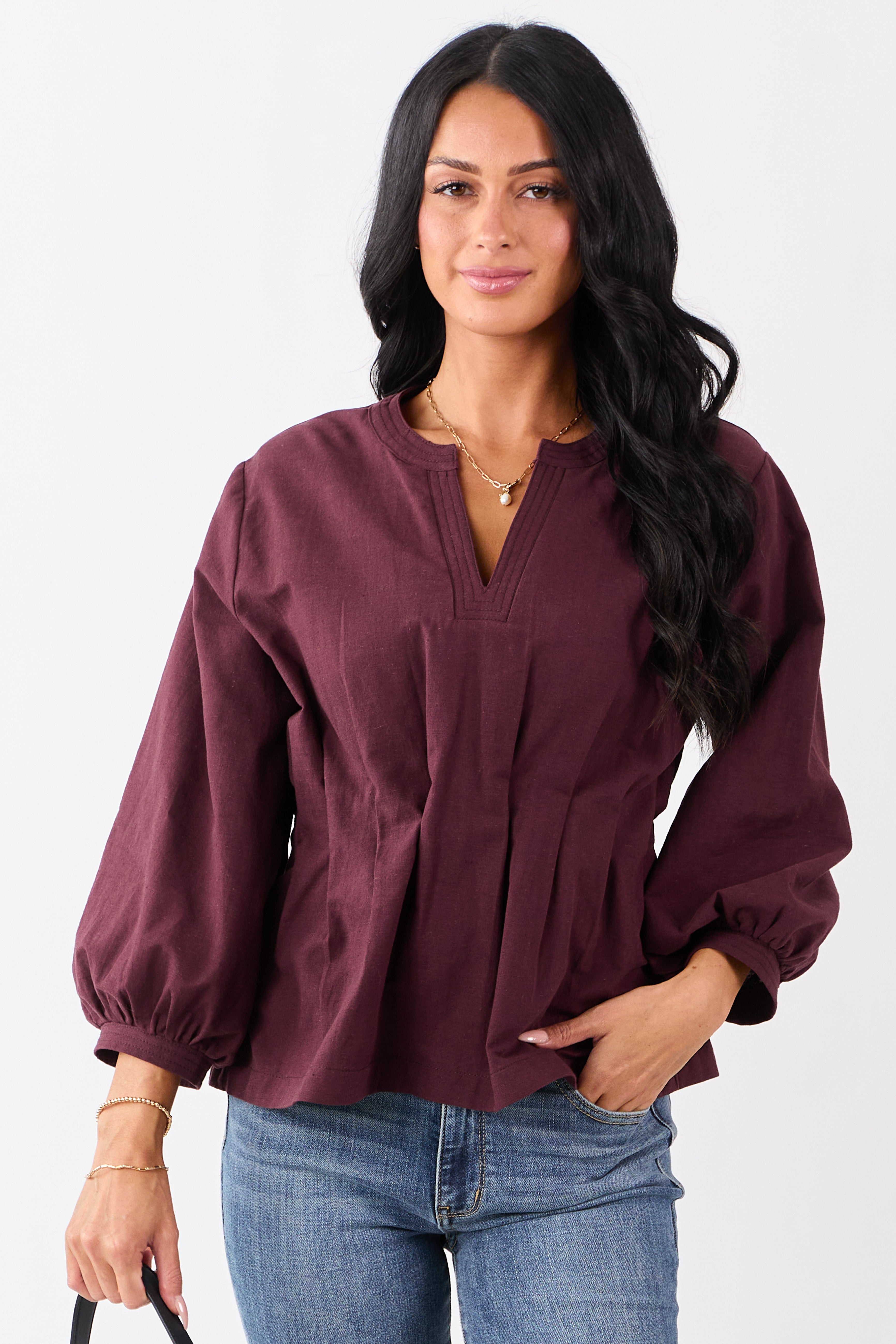 Entro Chocolate V-Neck Long Sleeve Pleated Top | Lime Lush Boutique