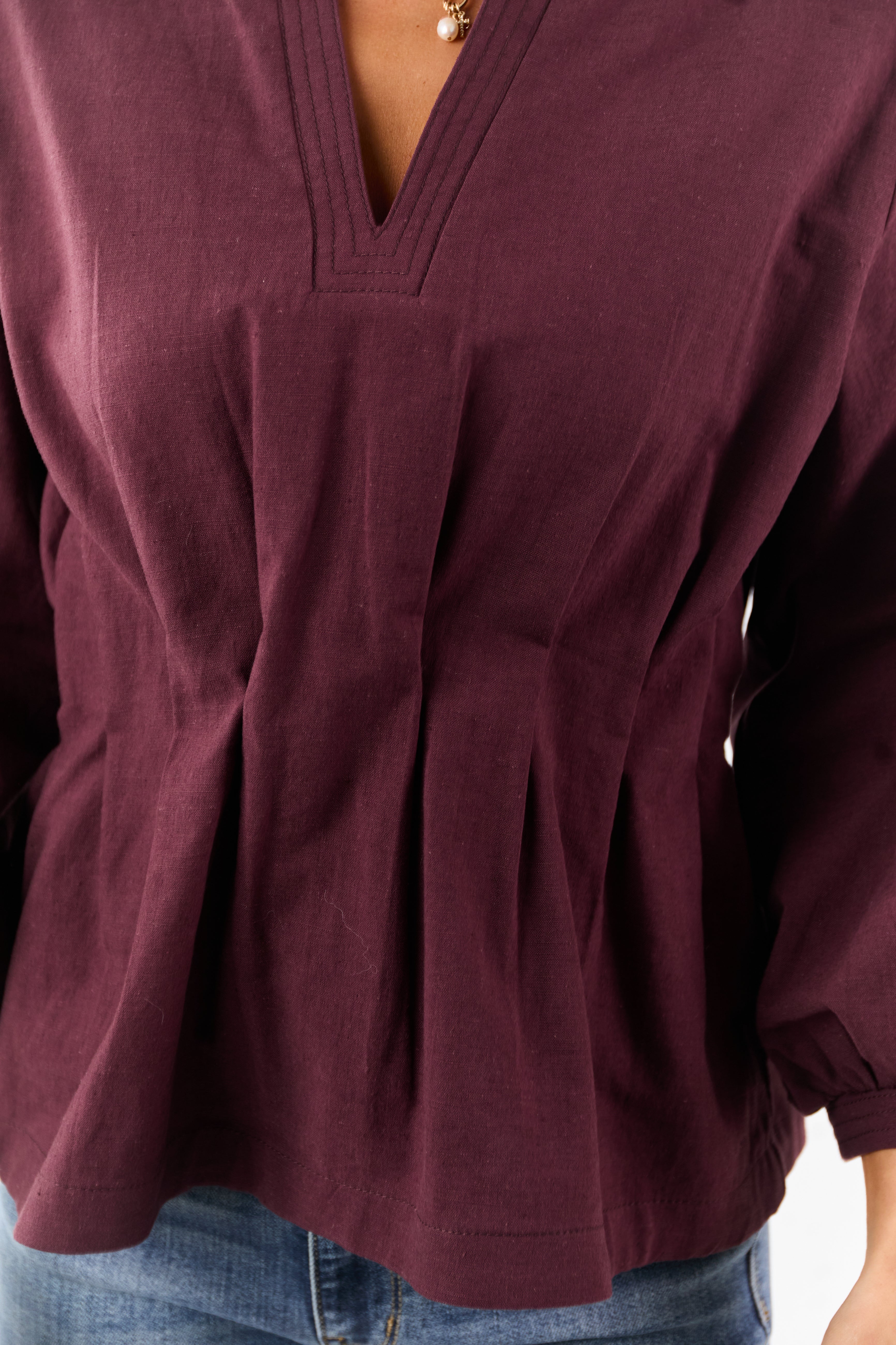 Entro Chocolate V-Neck Long Sleeve Pleated Top