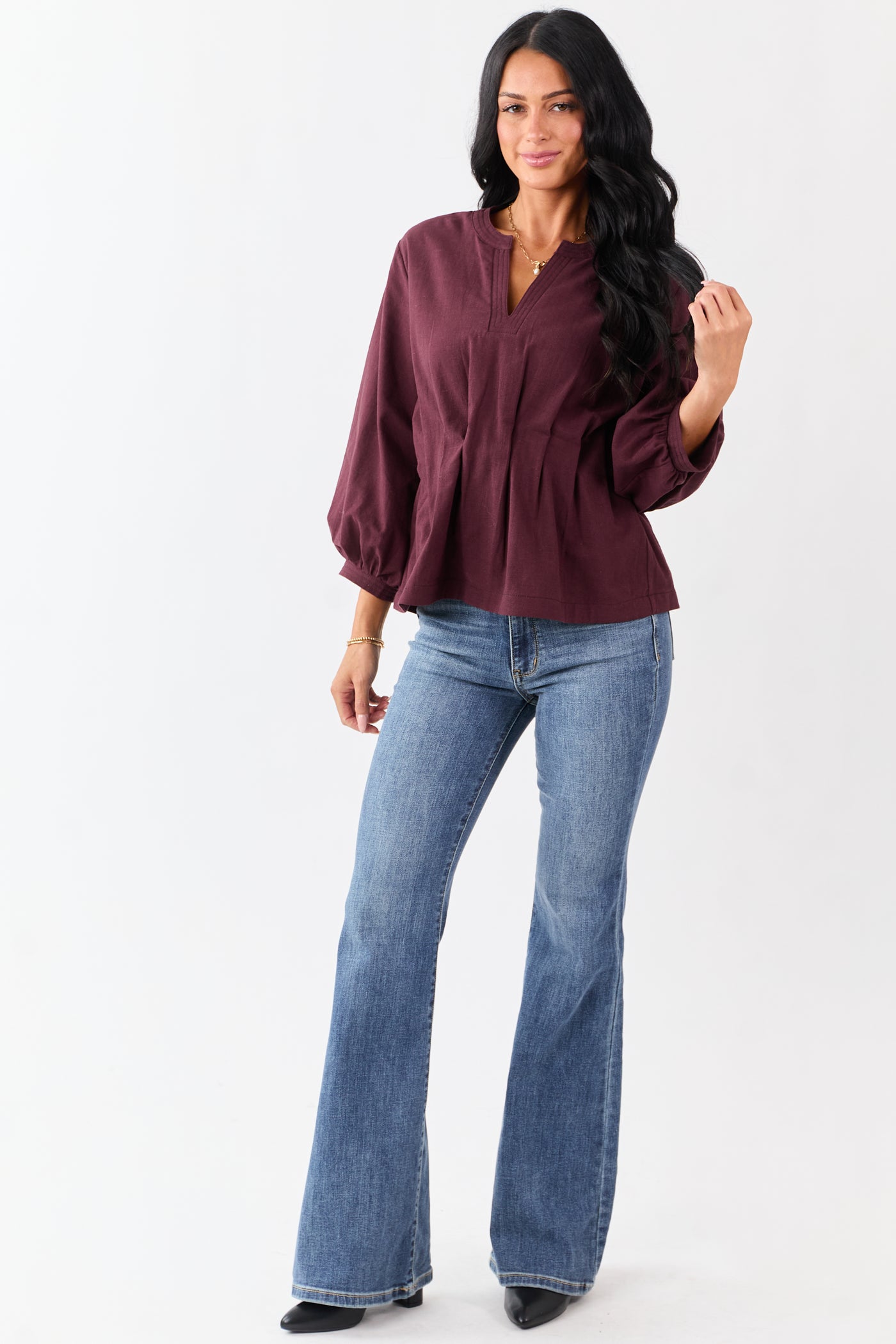Entro Chocolate V-Neck Long Sleeve Pleated Top