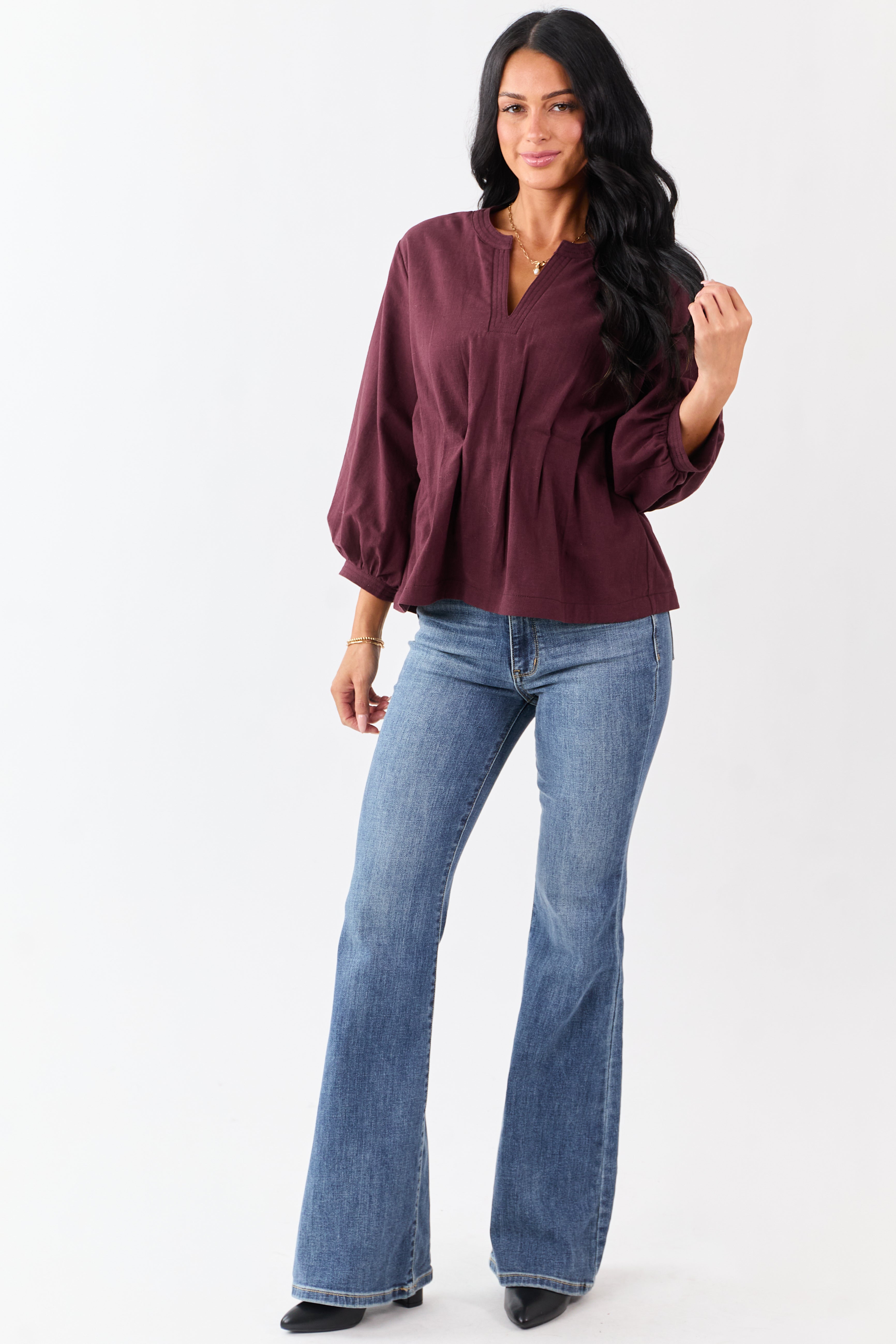 Entro Chocolate V-Neck Long Sleeve Pleated Top