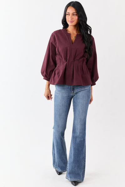 Entro Chocolate V-Neck Long Sleeve Pleated Top