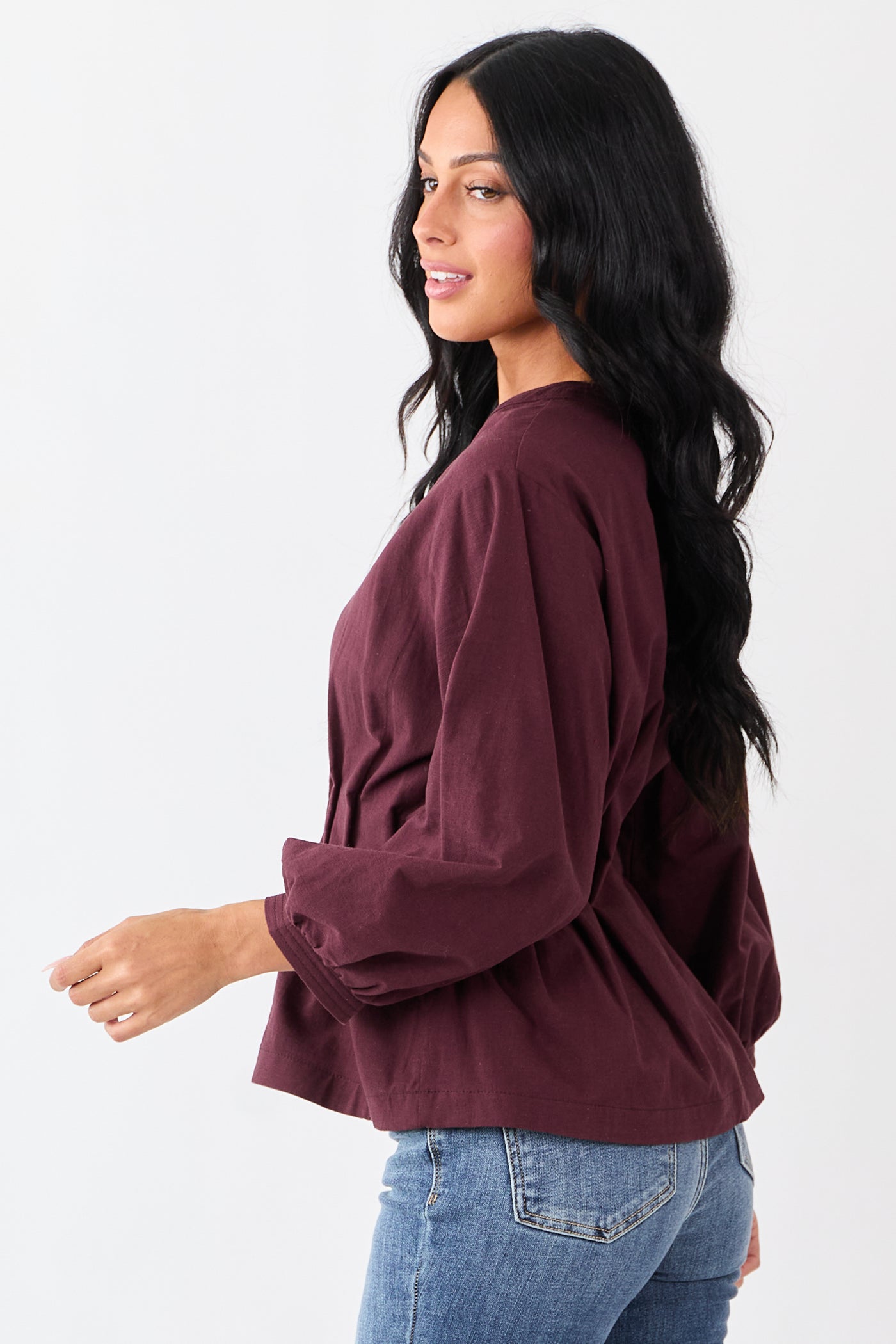 Entro Chocolate V-Neck Long Sleeve Pleated Top