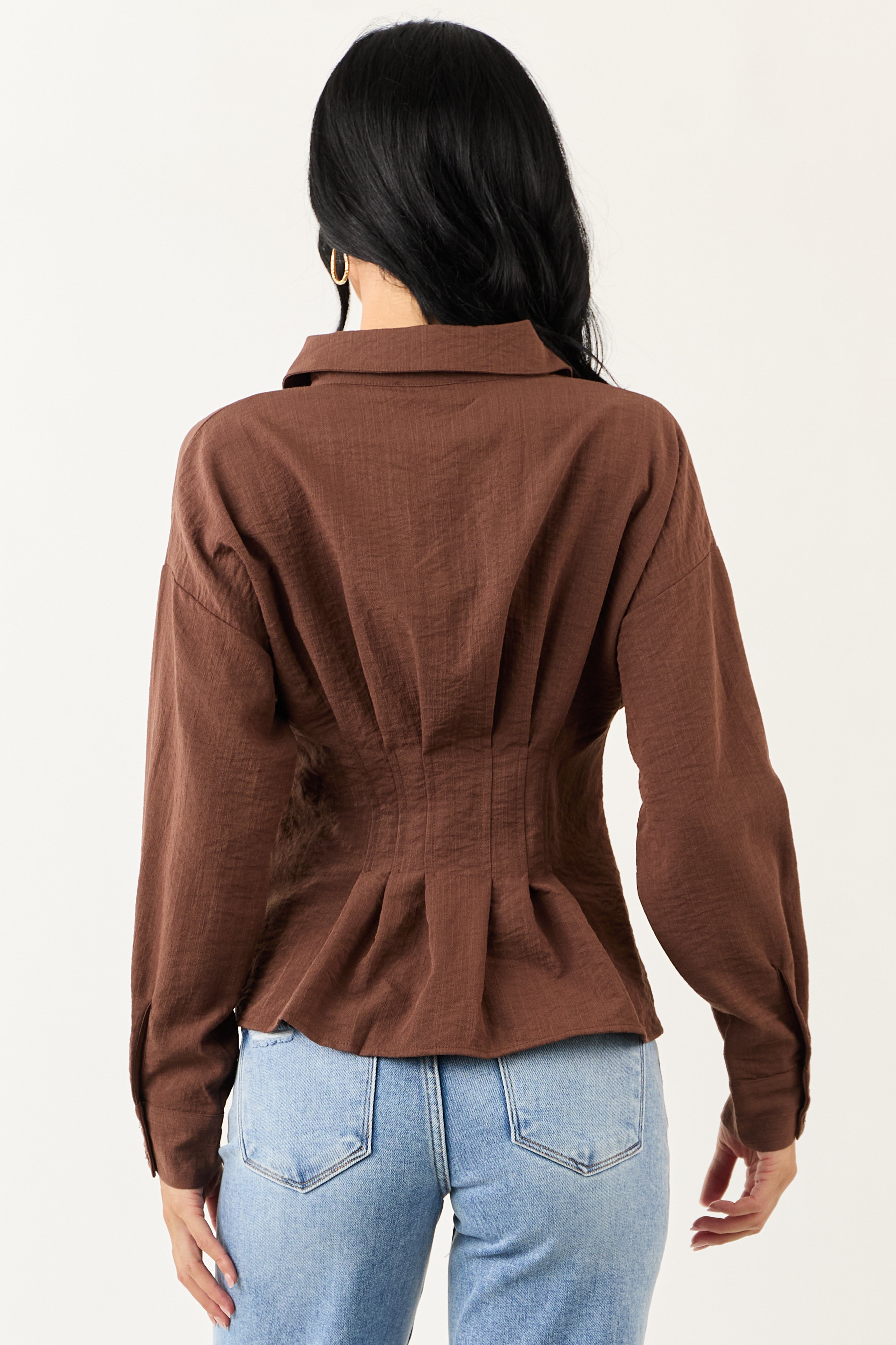 Entro Cocoa Button Down Long Sleeve Pleated Top