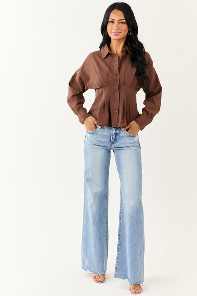 Entro Cocoa Button Down Long Sleeve Pleated Top