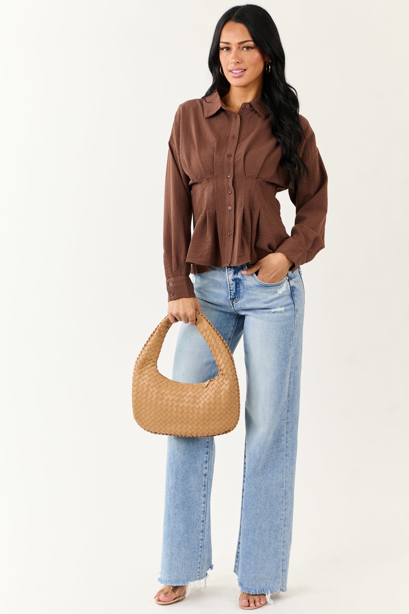 Entro Cocoa Button Down Long Sleeve Pleated Top