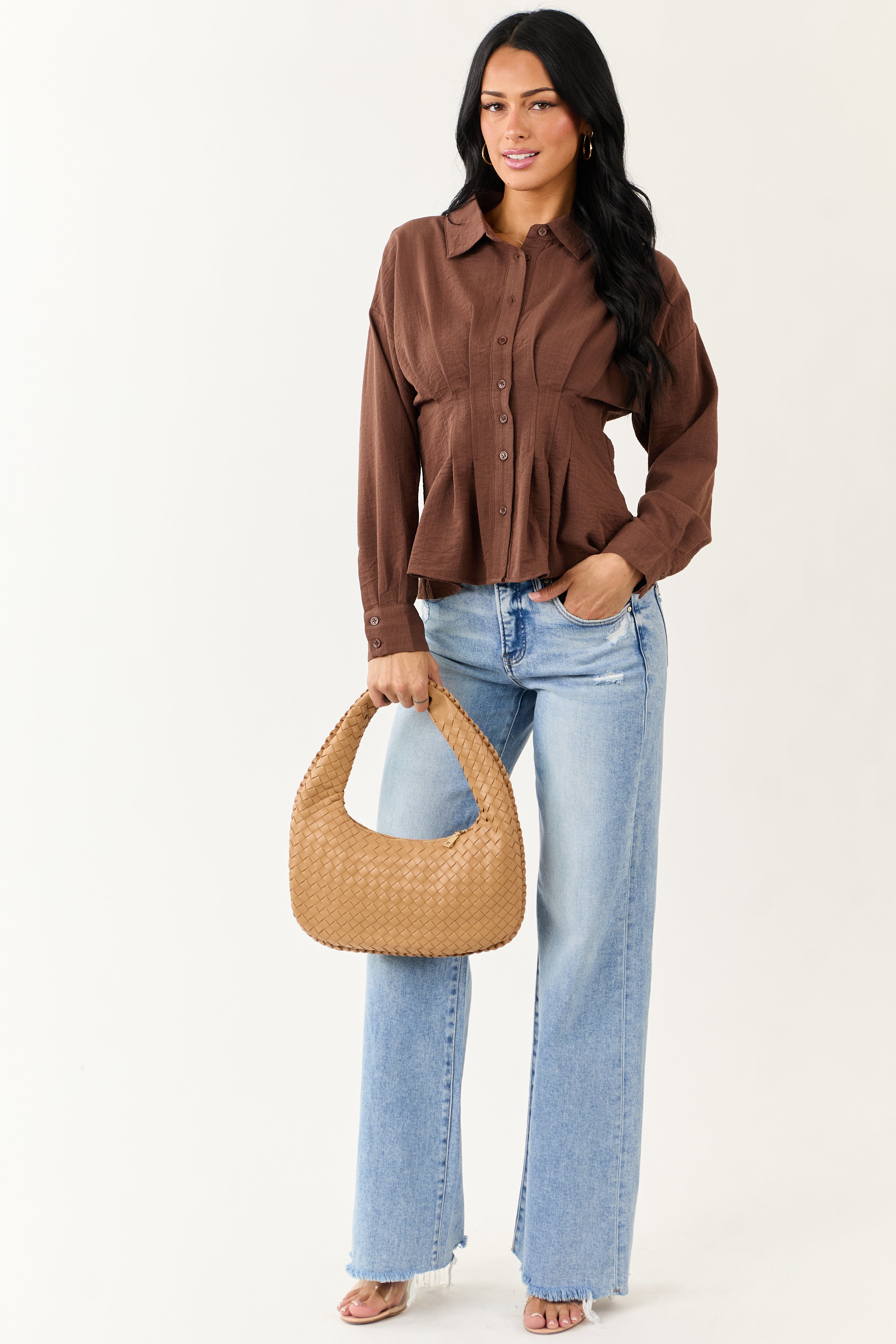 Entro Cocoa Button Down Long Sleeve Pleated Top