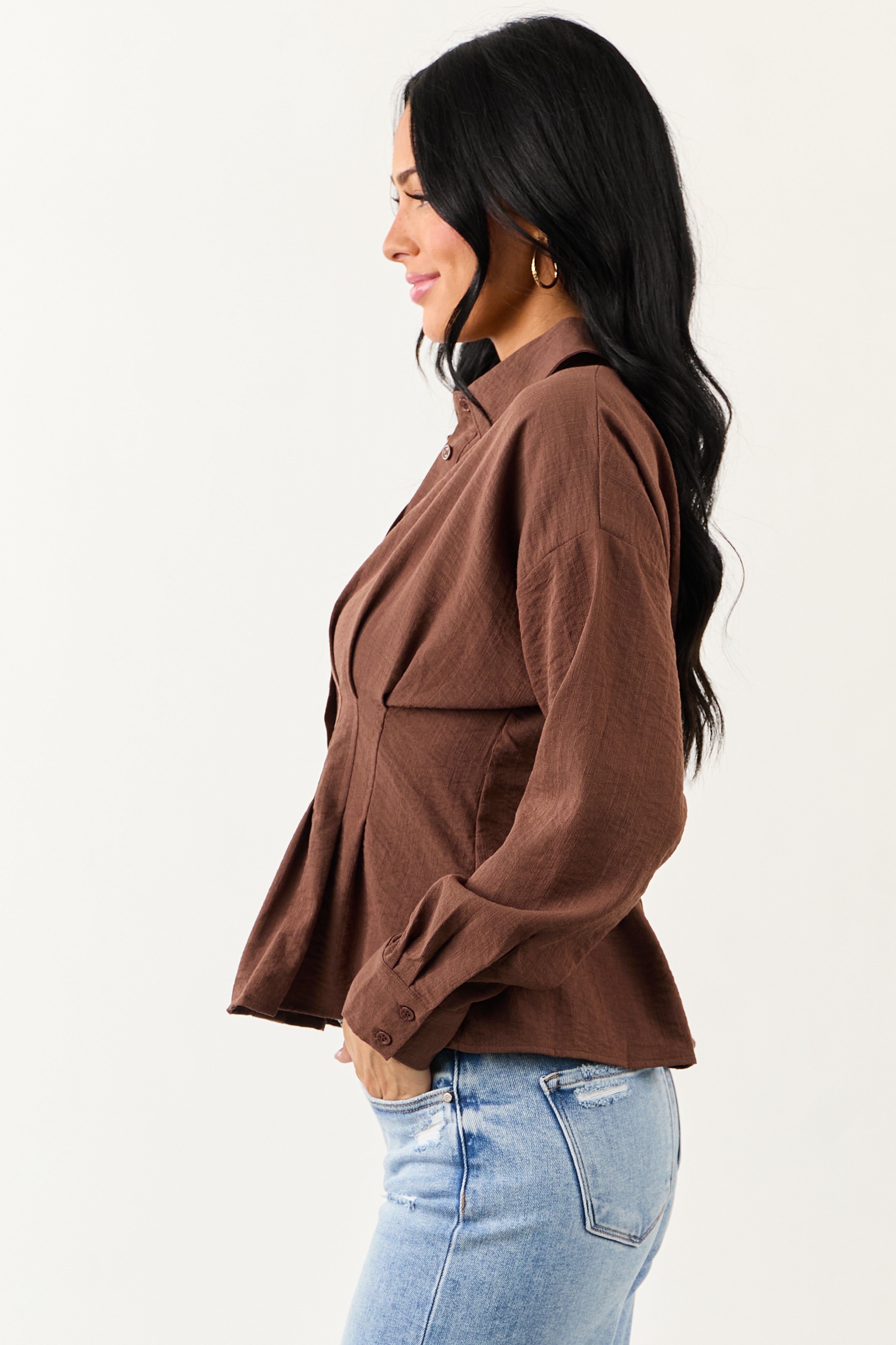 Entro Cocoa Button Down Long Sleeve Pleated Top
