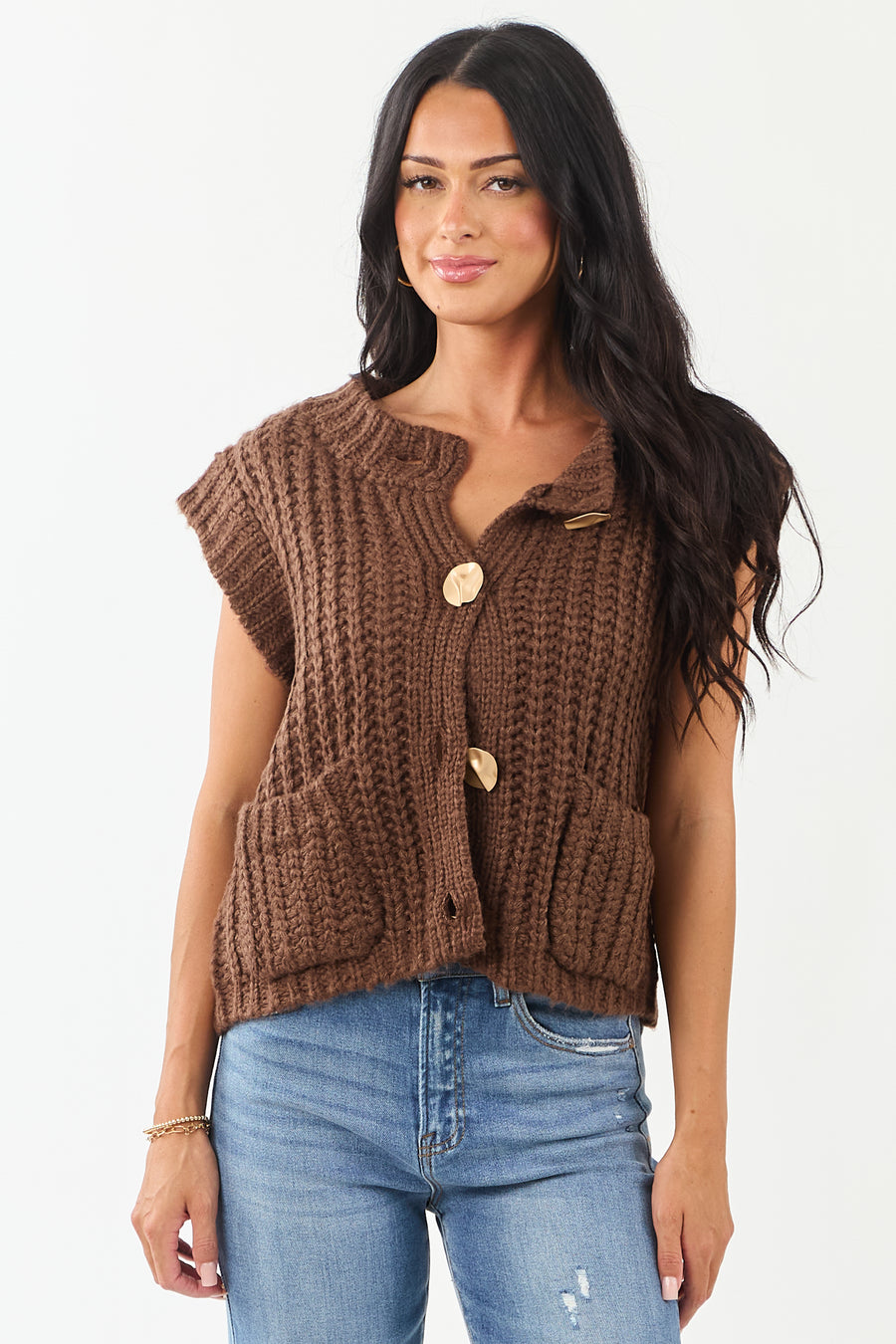 Entro Cocoa Button Down Thick Knit Sweater Vest