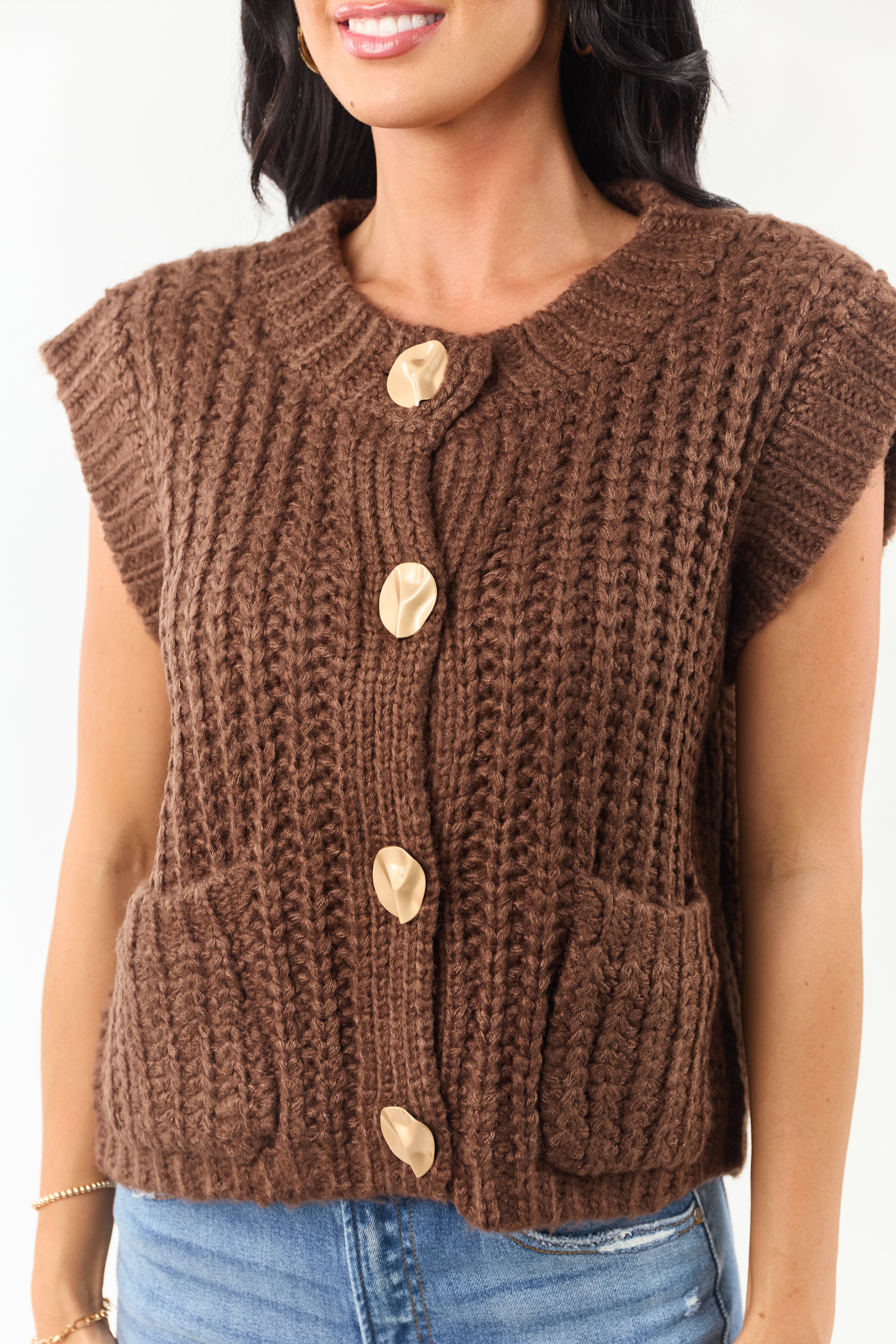 Entro Cocoa Button Down Thick Knit Sweater Vest