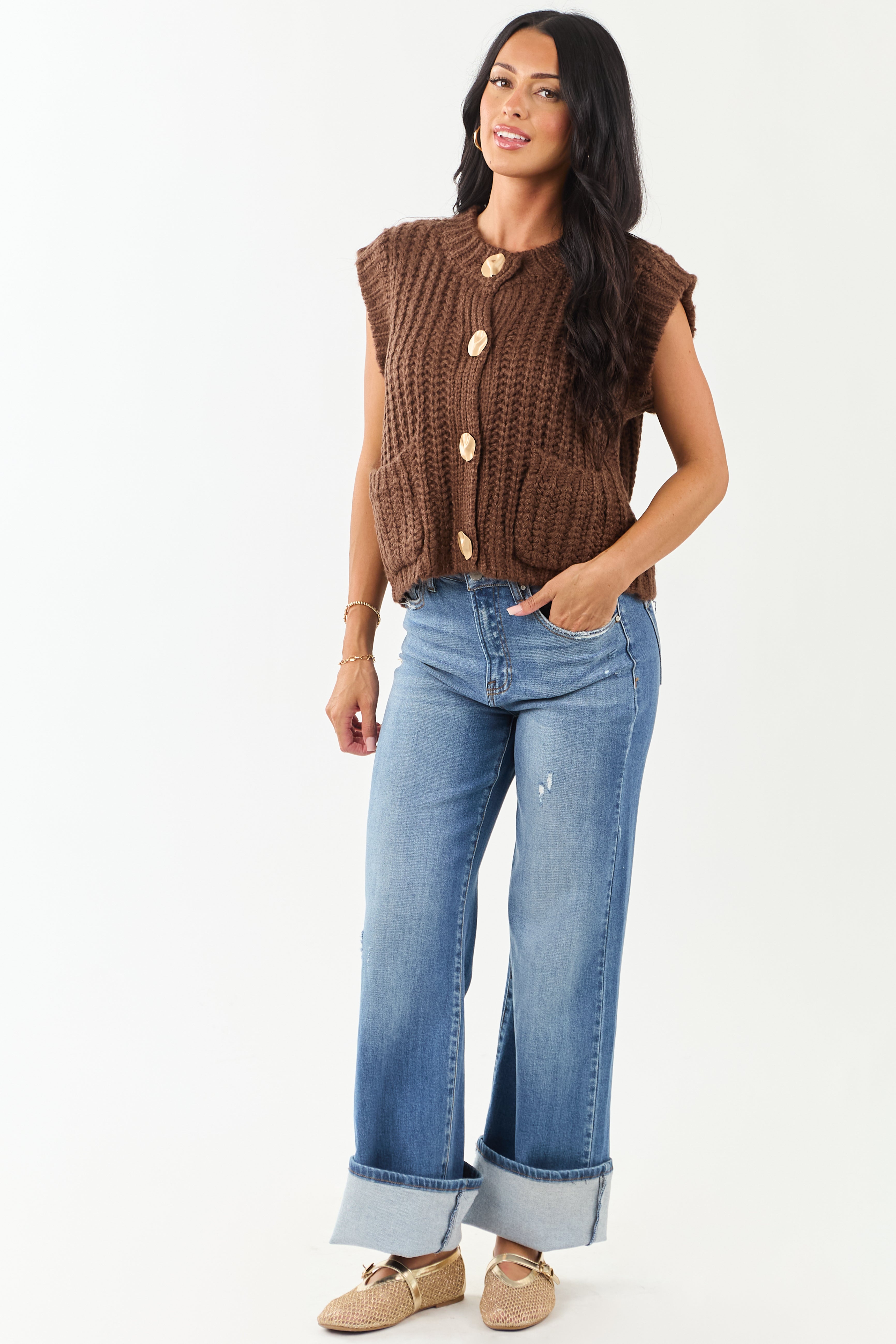 Entro Cocoa Button Down Thick Knit Sweater Vest | Lime Lush Boutique