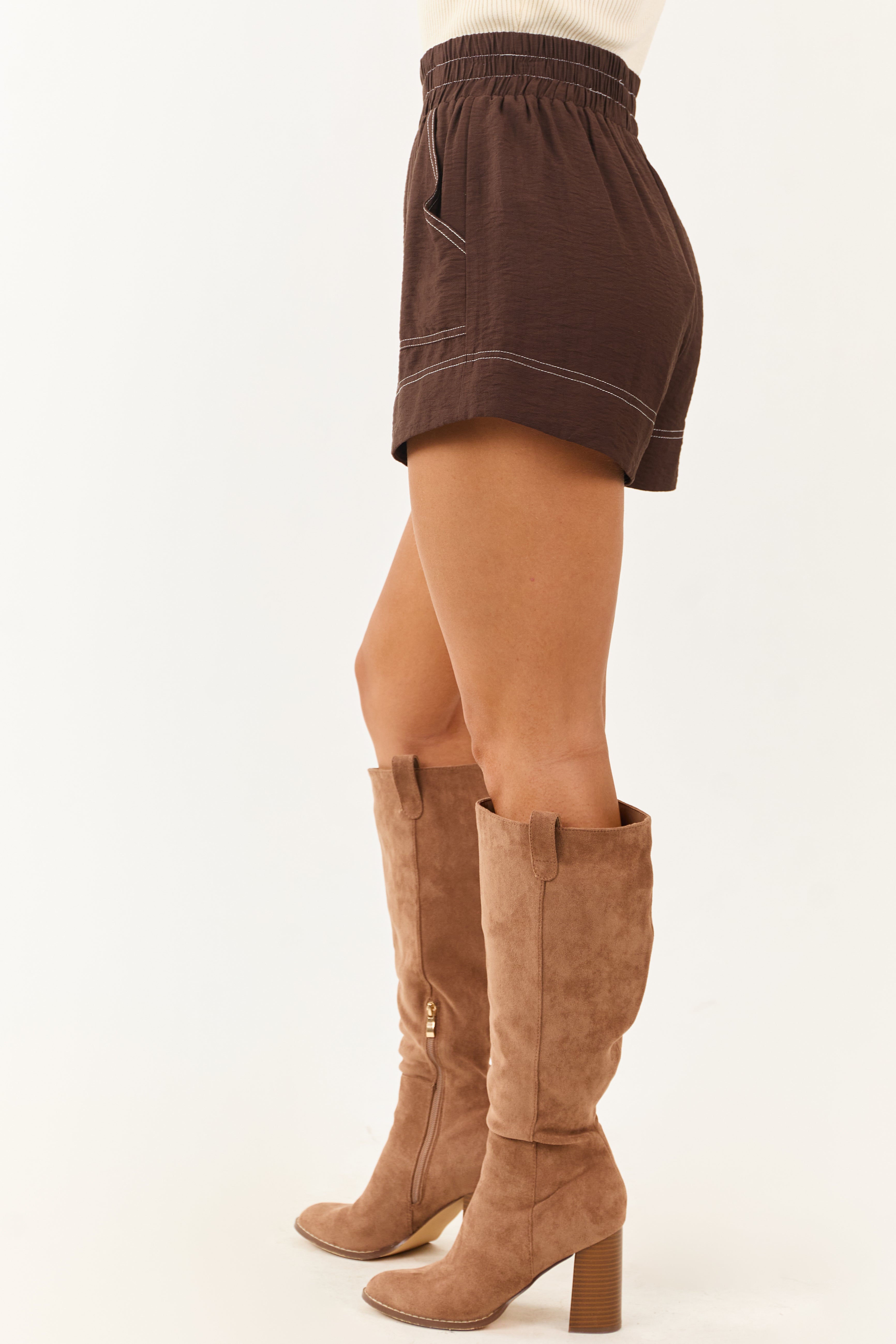 Entro Cocoa Contrast Stitch Elastic Waist Pull On Shorts