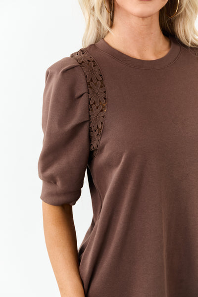 Entro Cocoa Cotton Floral Lace Panel Mini Dress