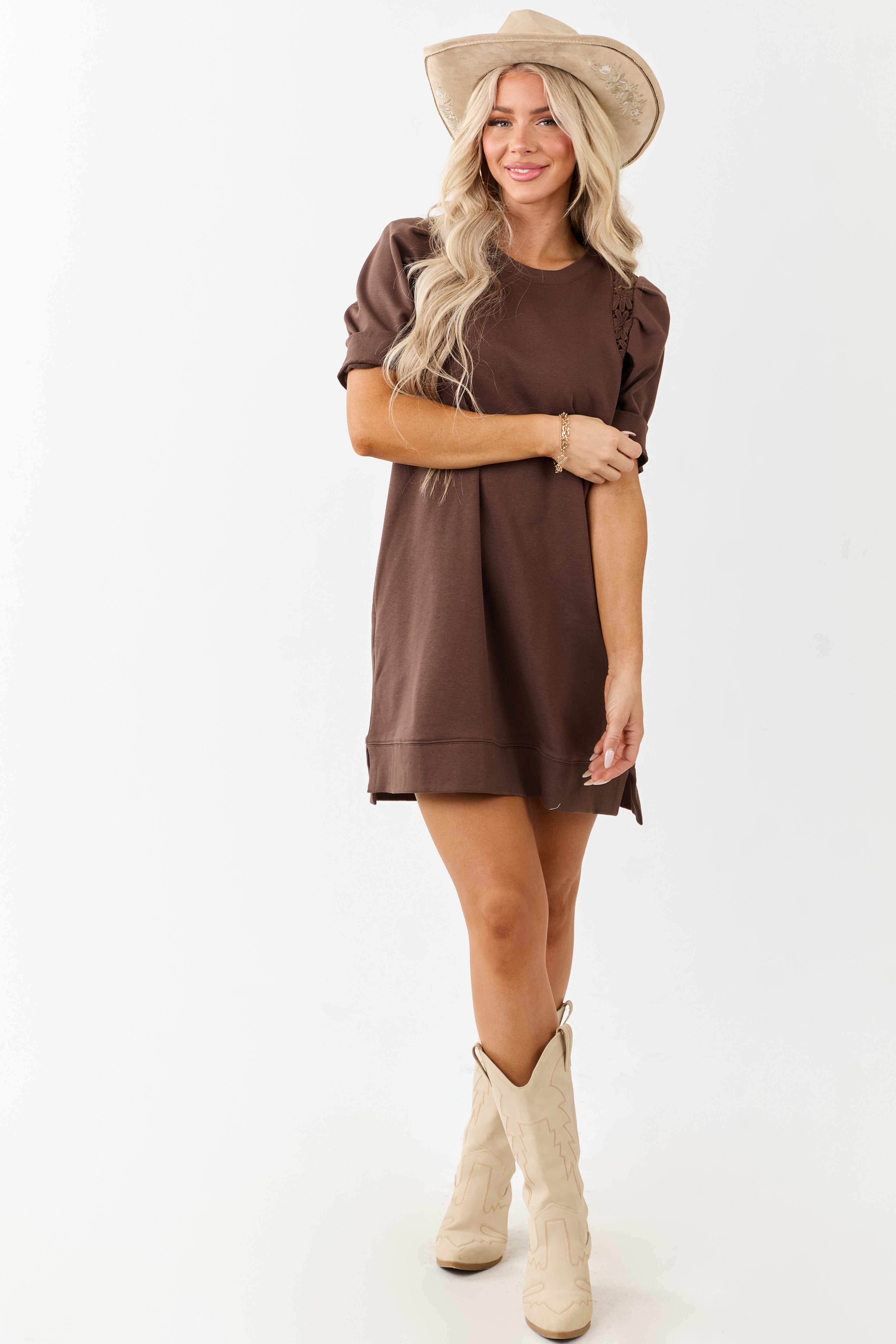 Entro Cocoa Cotton Floral Lace Panel Mini Dress