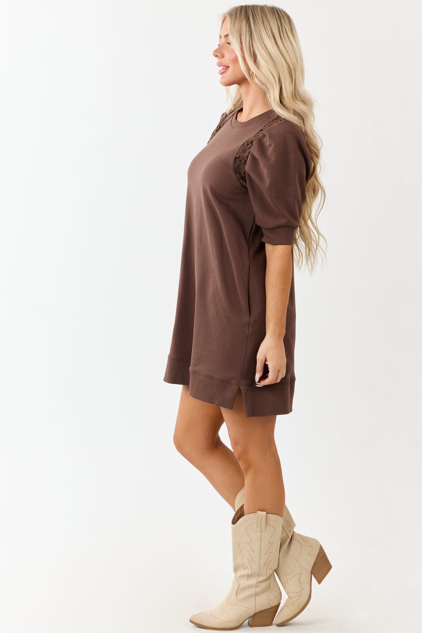 Entro Cocoa Cotton Floral Lace Panel Mini Dress
