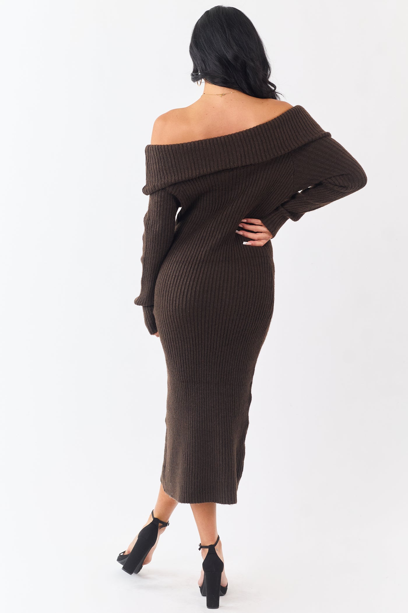 Entro Cocoa Ribbed Knit Off Shoulder Midi Dress