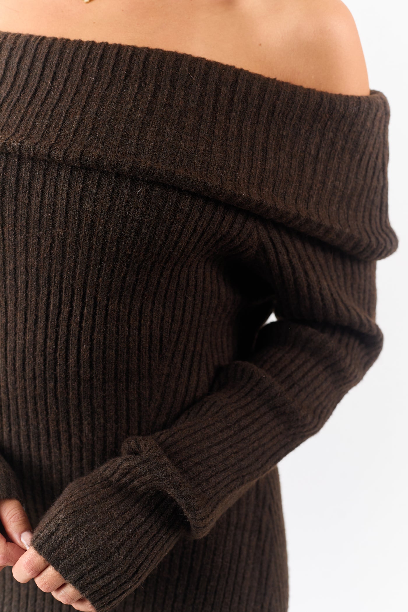 Entro Cocoa Ribbed Knit Off Shoulder Midi Dress