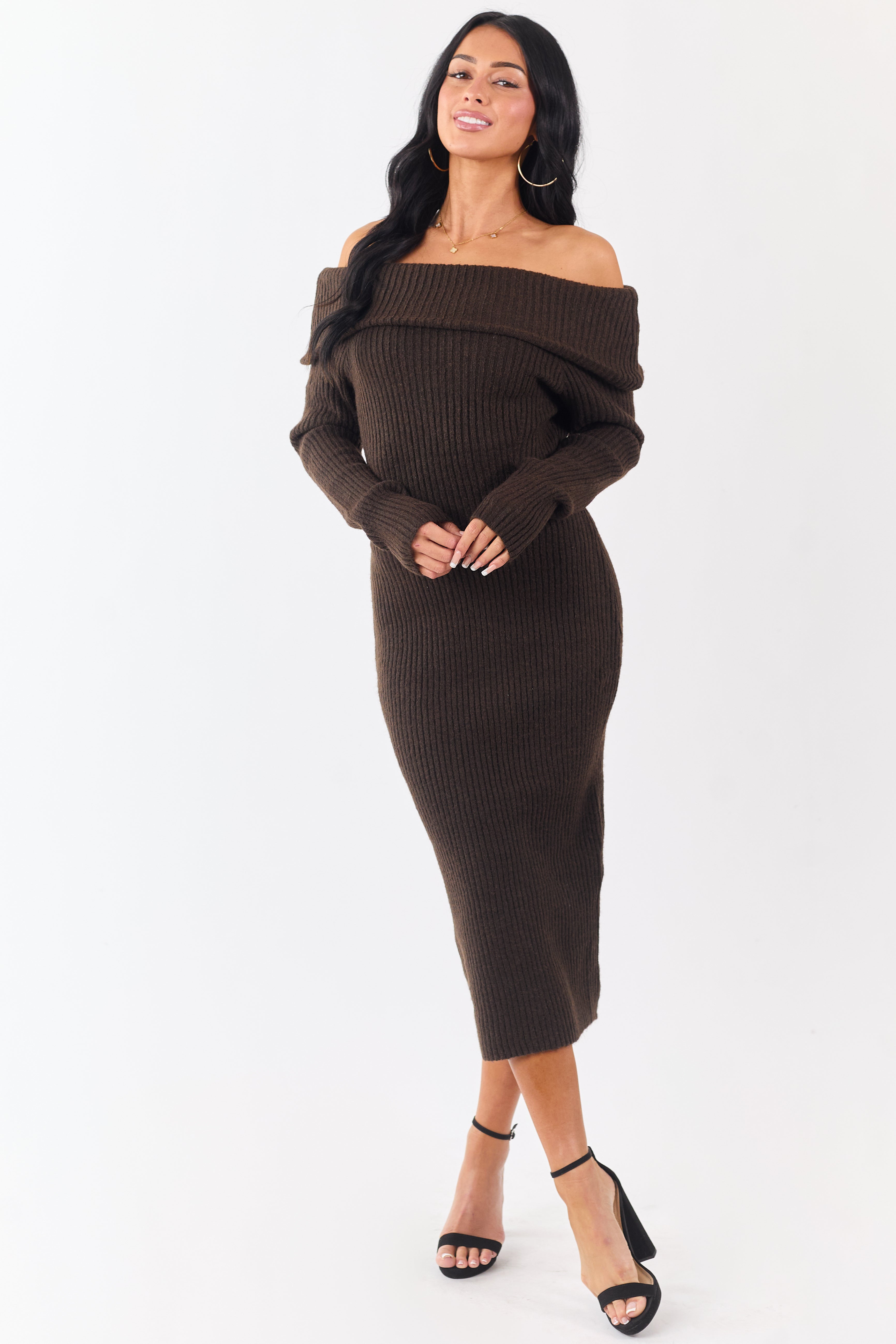 Entro Cocoa Ribbed Knit Off Shoulder Midi Dress