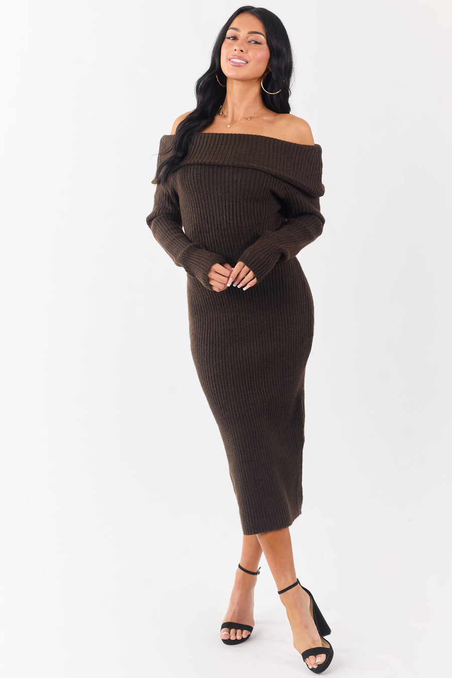 Entro Cocoa Ribbed Knit Off Shoulder Midi Dress