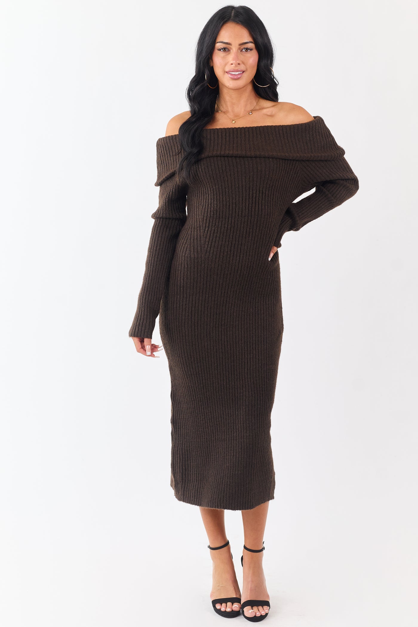 Entro Cocoa Ribbed Knit Off Shoulder Midi Dress