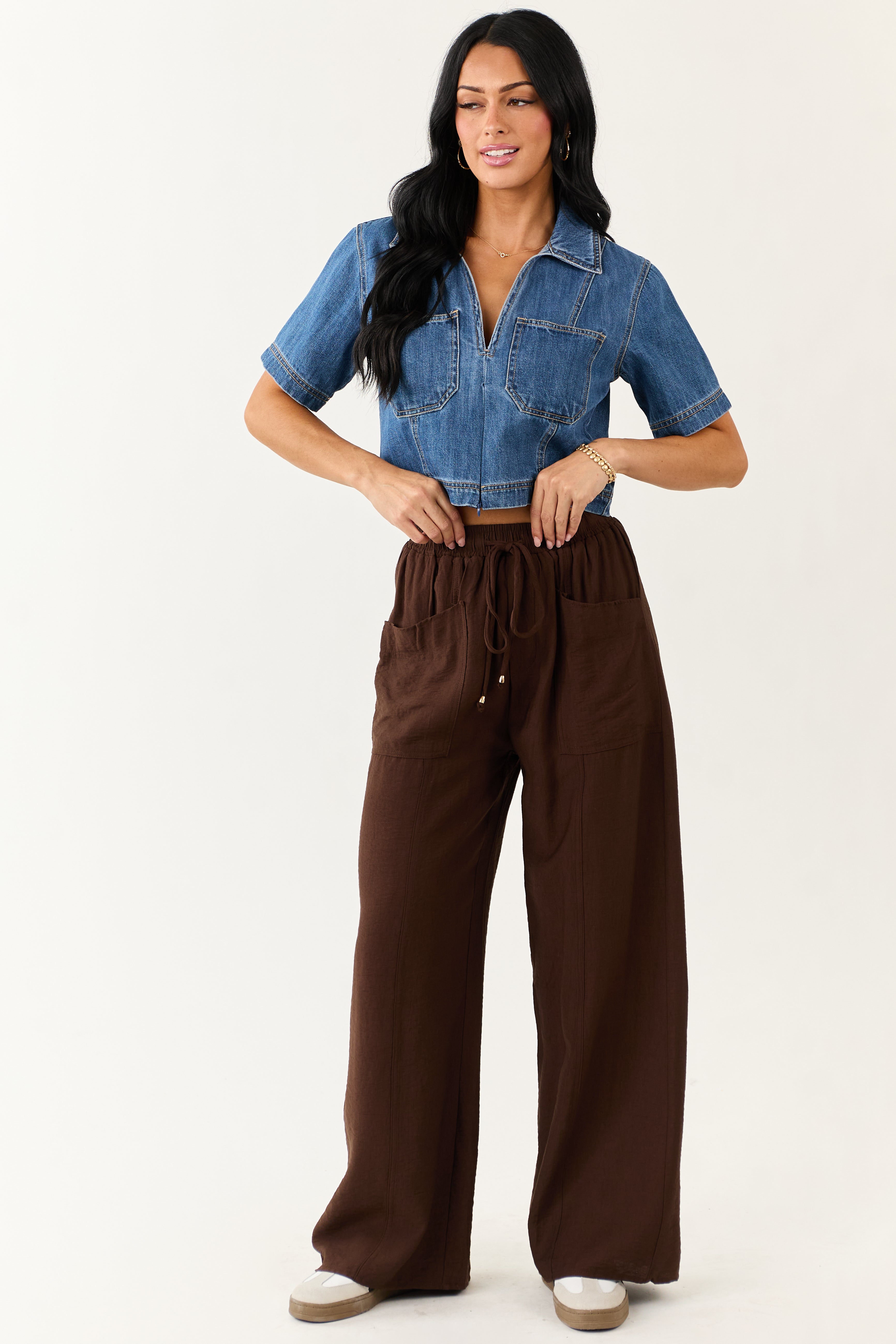 Entro Cocoa Smocked High Rise Wide Leg Pants