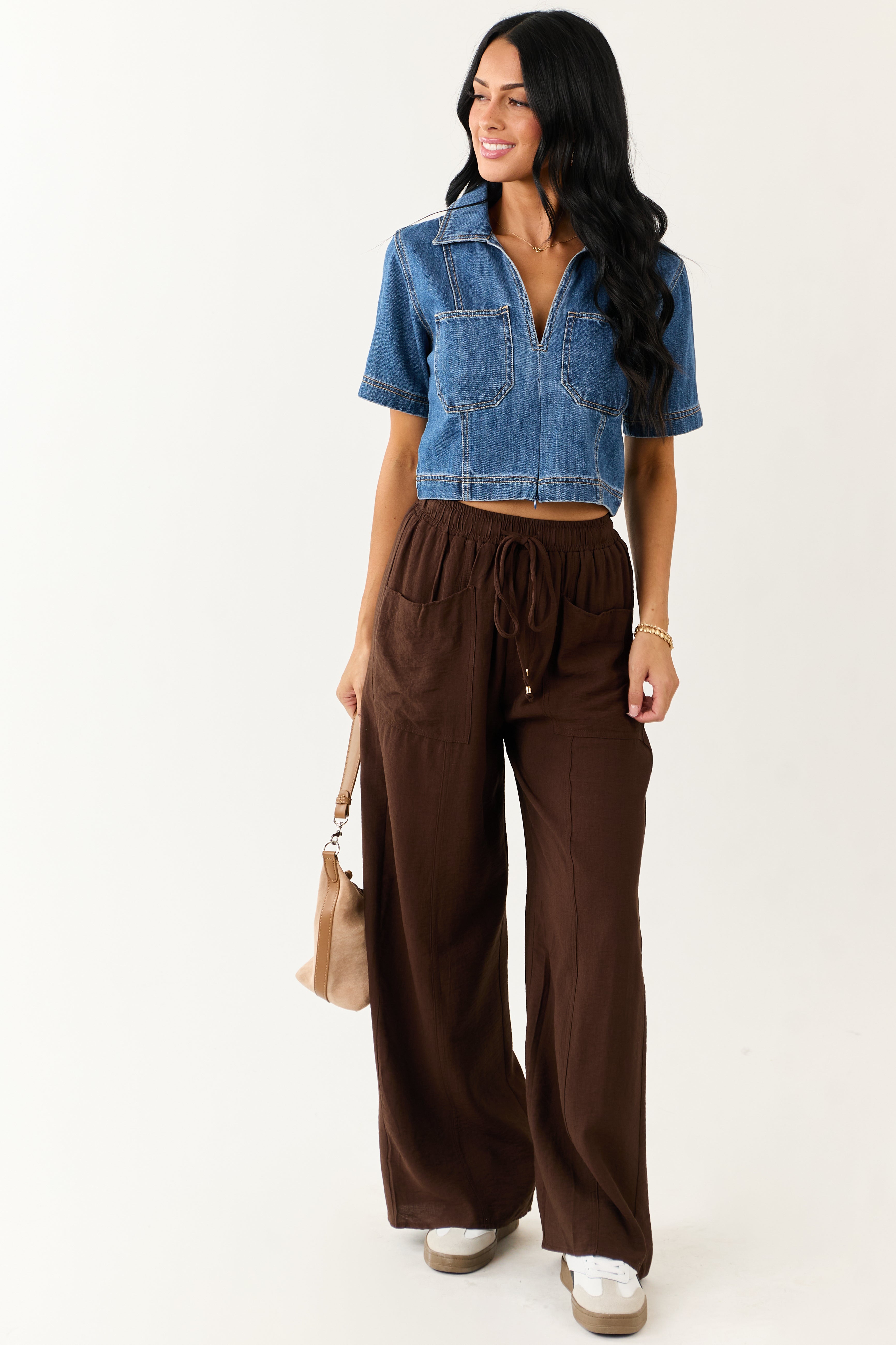 Entro Cocoa Smocked High Rise Wide Leg Pants