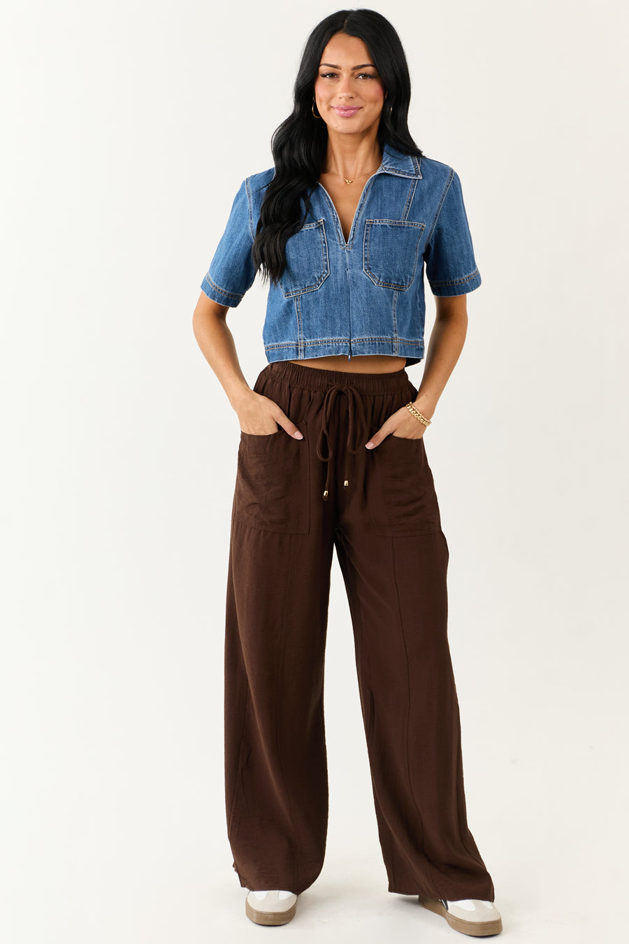 Entro Cocoa Smocked High Rise Wide Leg Pants