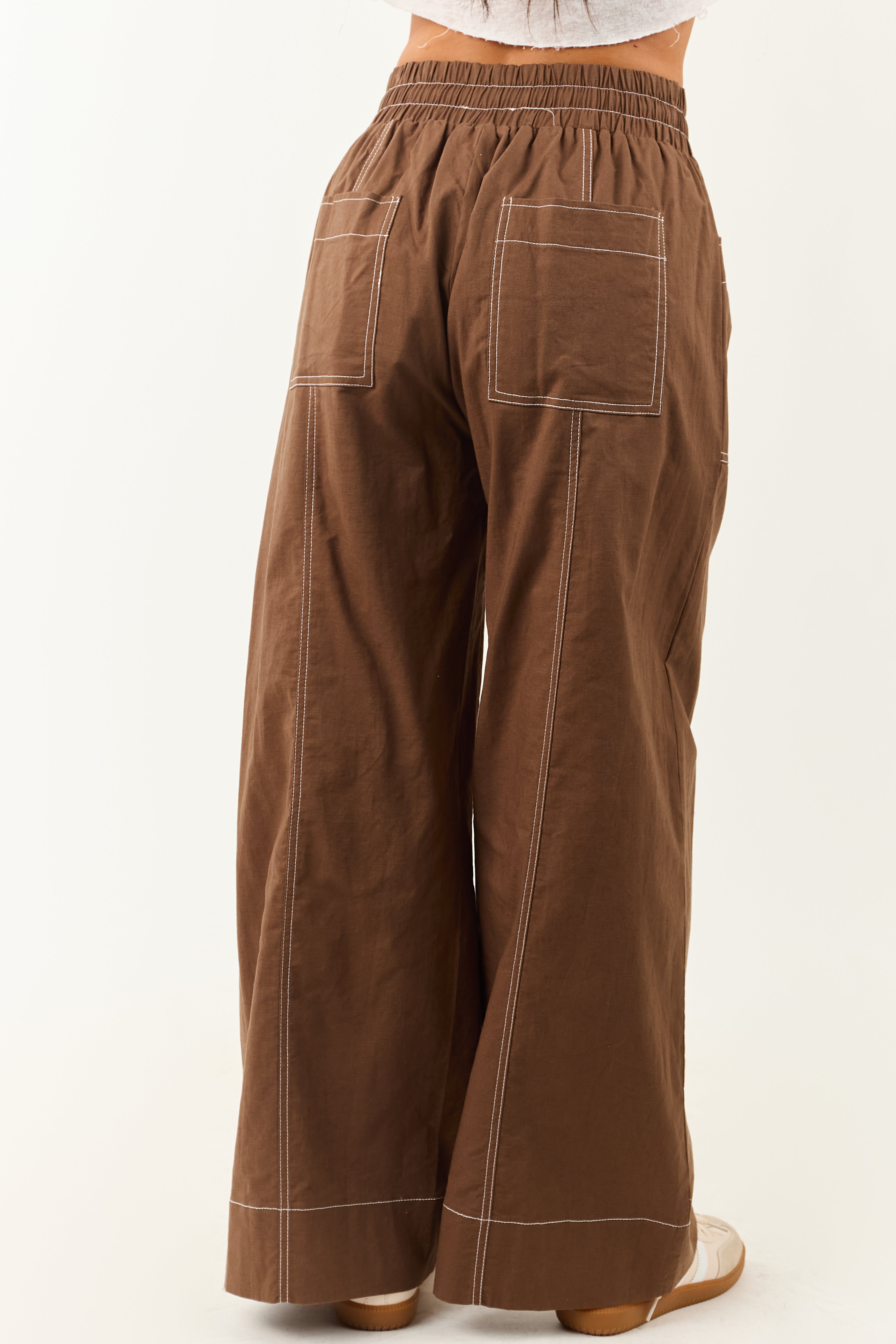 Entro Coffee Drawstring Waist Wide Leg Pants