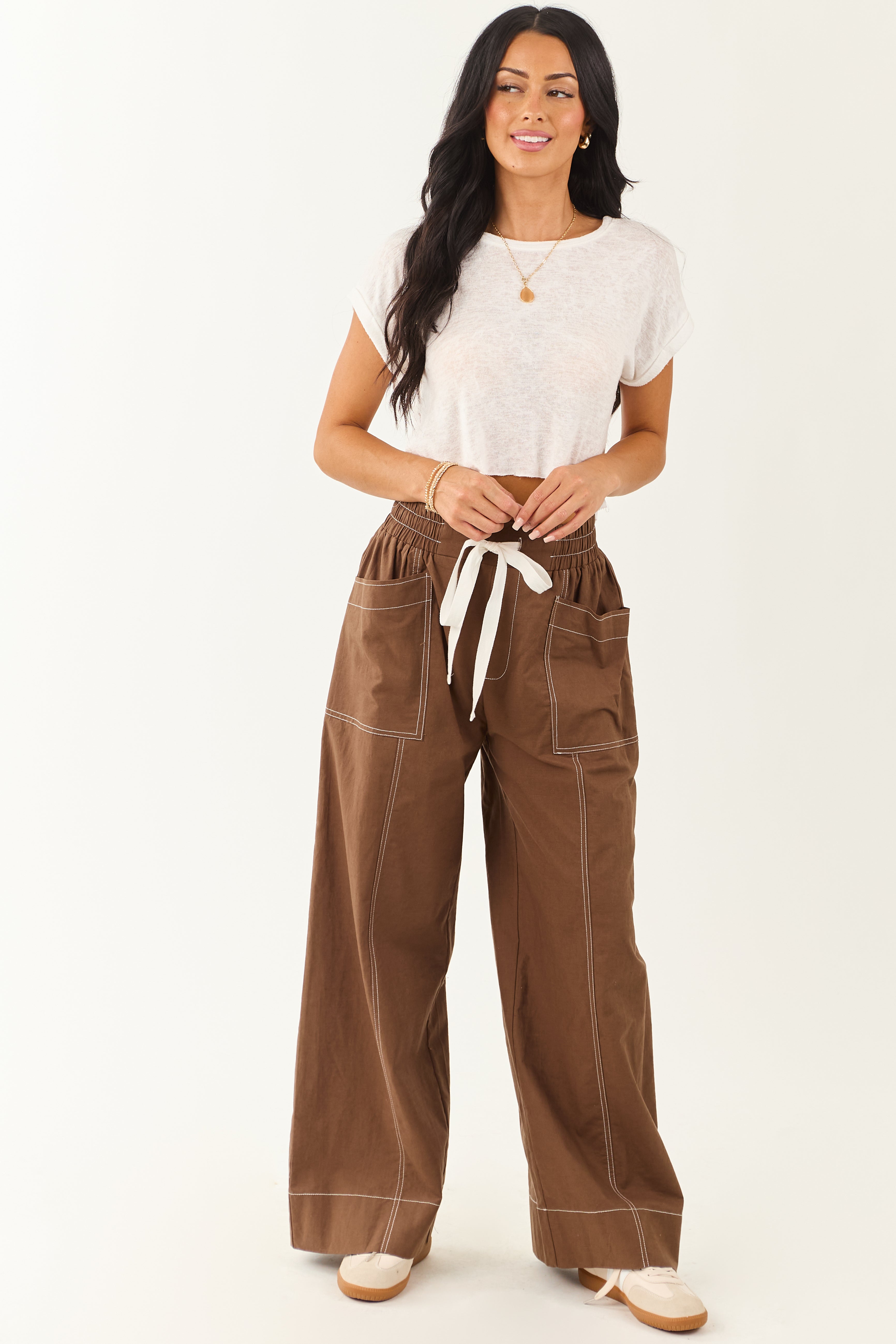 Entro Coffee Drawstring Waist Wide Leg Pants | Lime Lush Boutique
