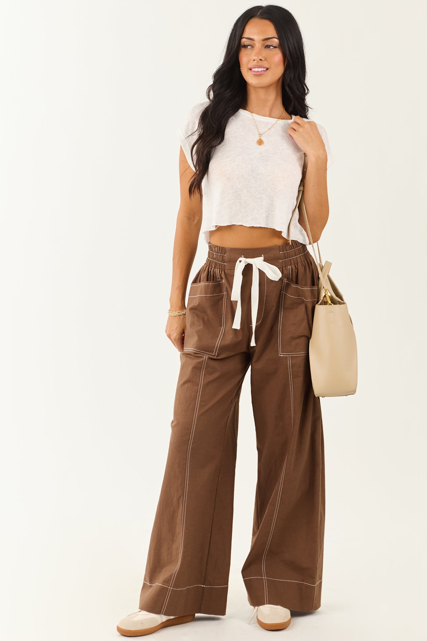 Entro Coffee Drawstring Waist Wide Leg Pants