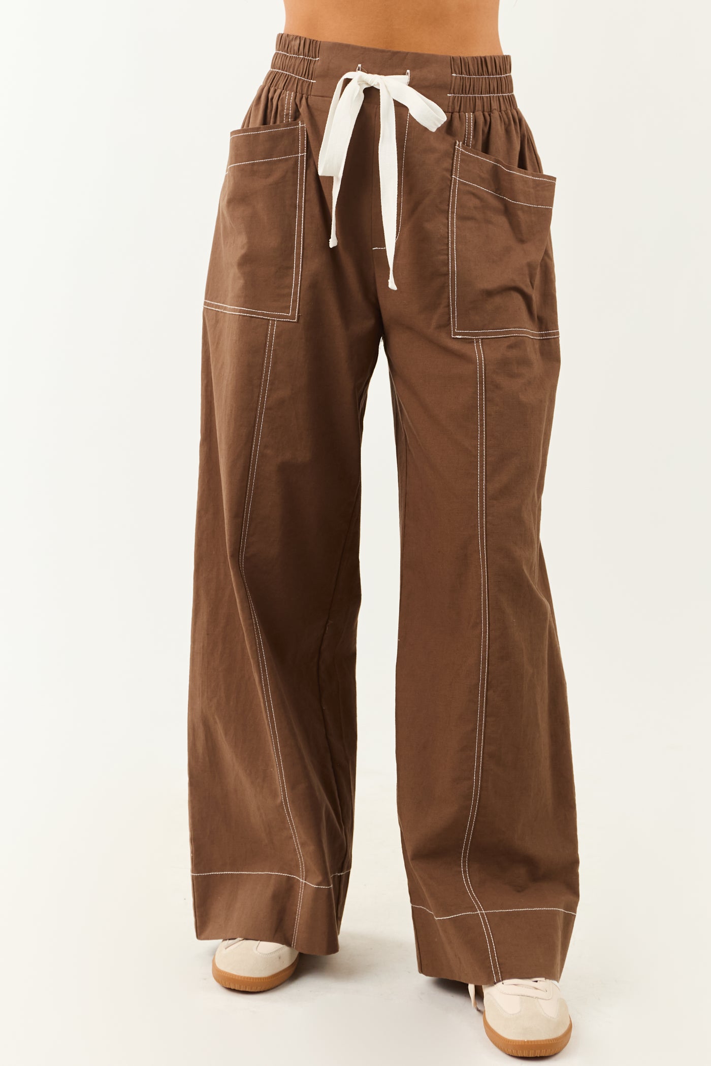 Entro Coffee Drawstring Waist Wide Leg Pants