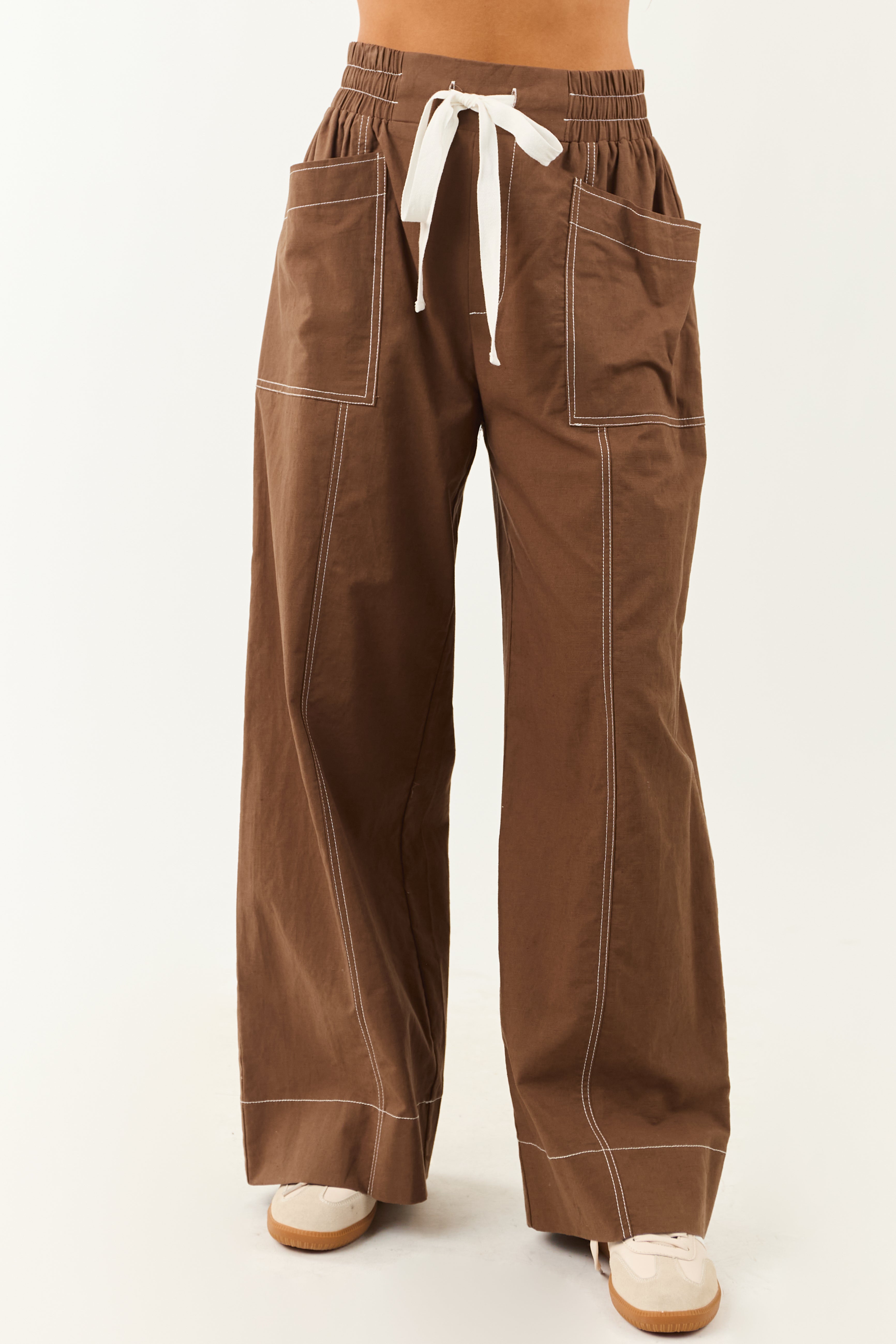 Entro Coffee Drawstring Waist Wide Leg Pants