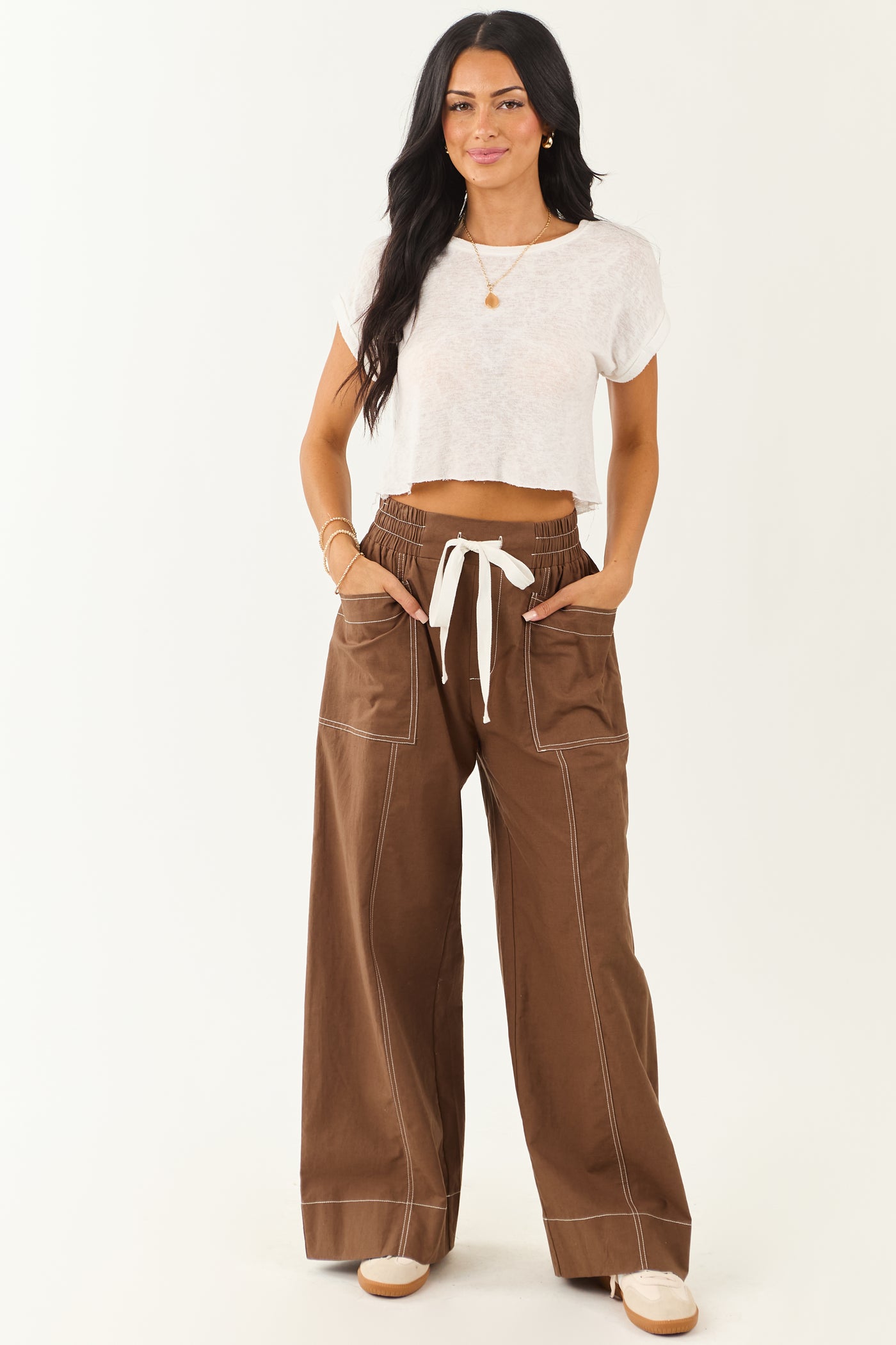 Entro Coffee Drawstring Waist Wide Leg Pants