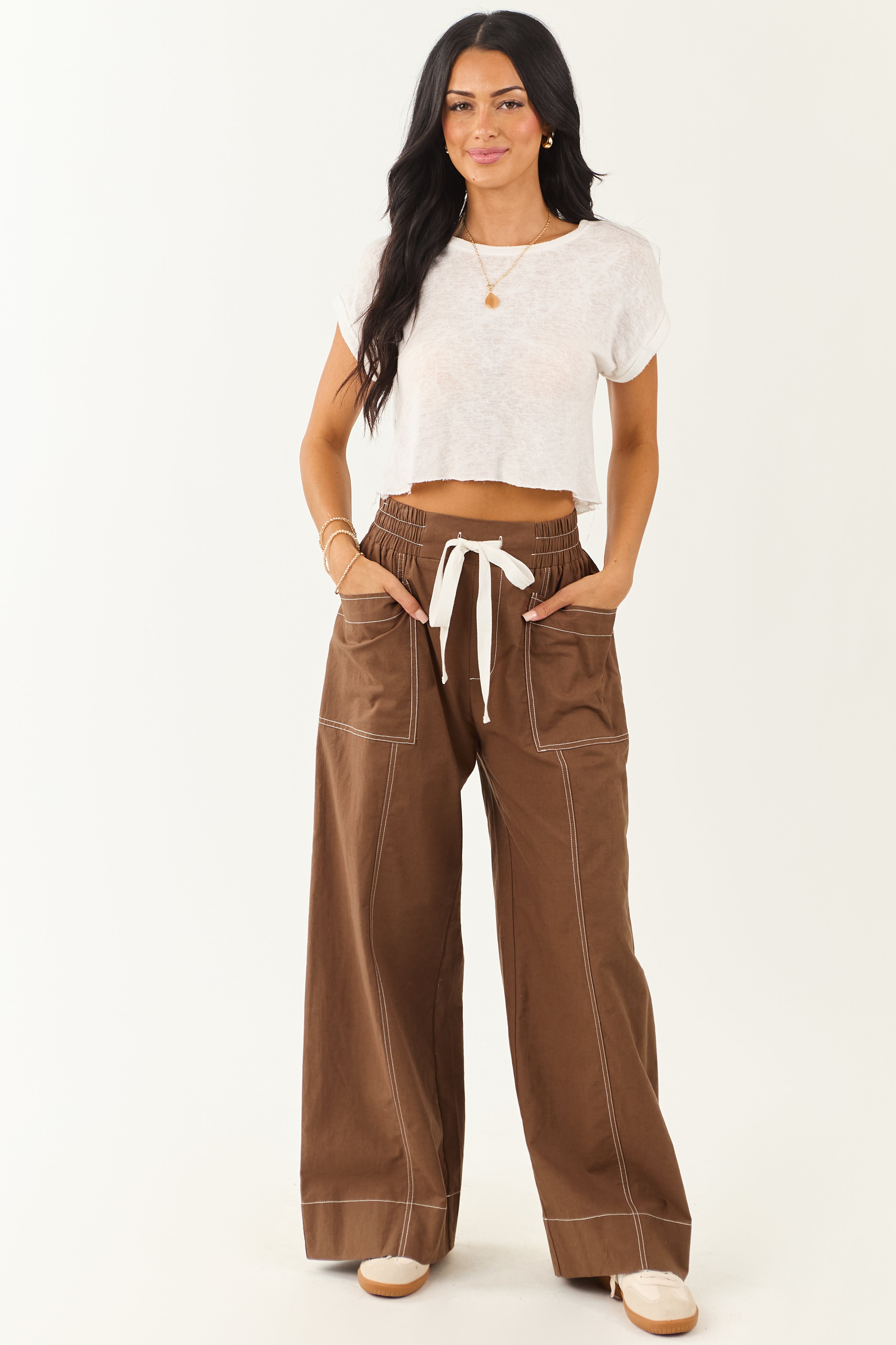 Entro Coffee Drawstring Waist Wide Leg Pants