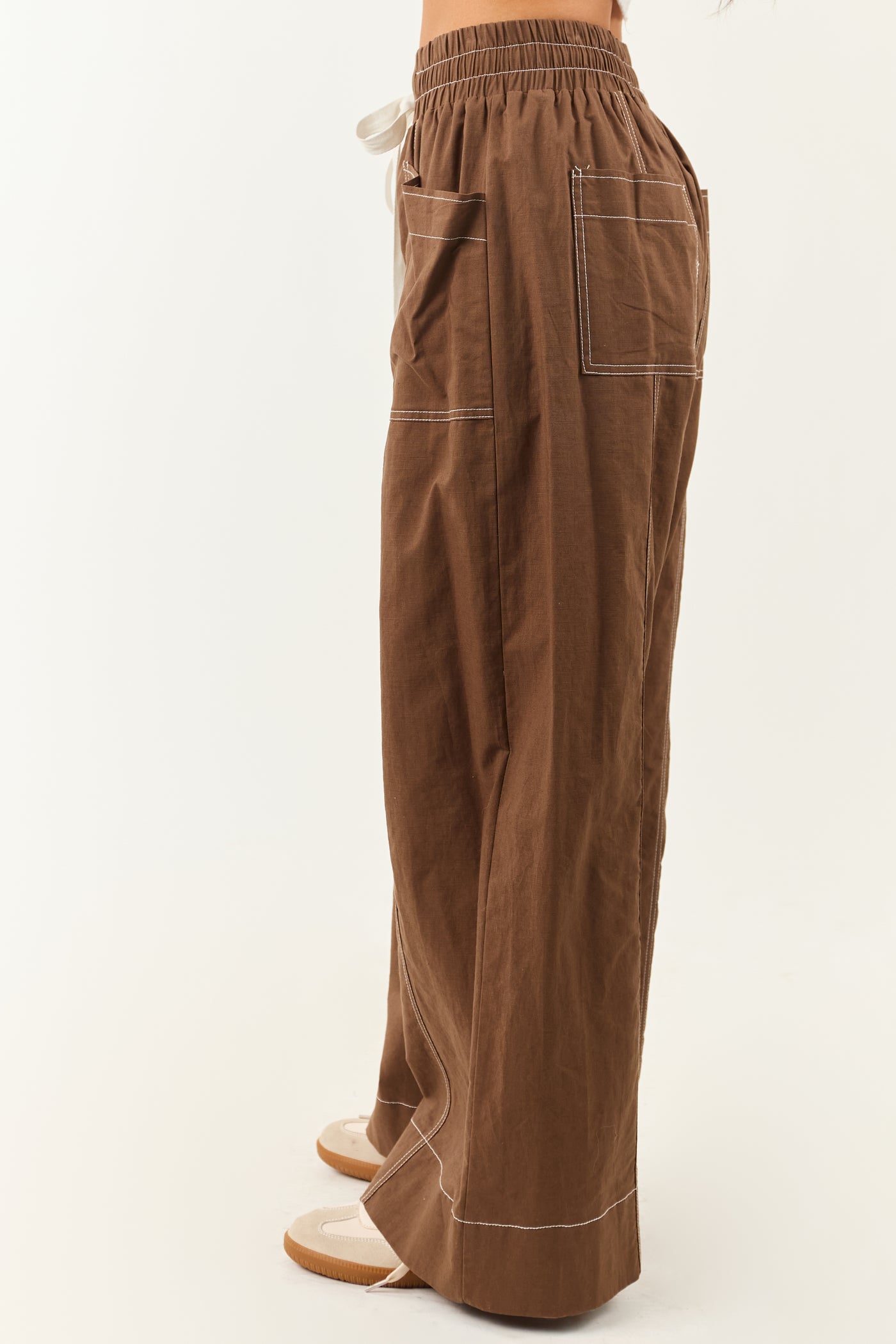 Entro Coffee Drawstring Waist Wide Leg Pants