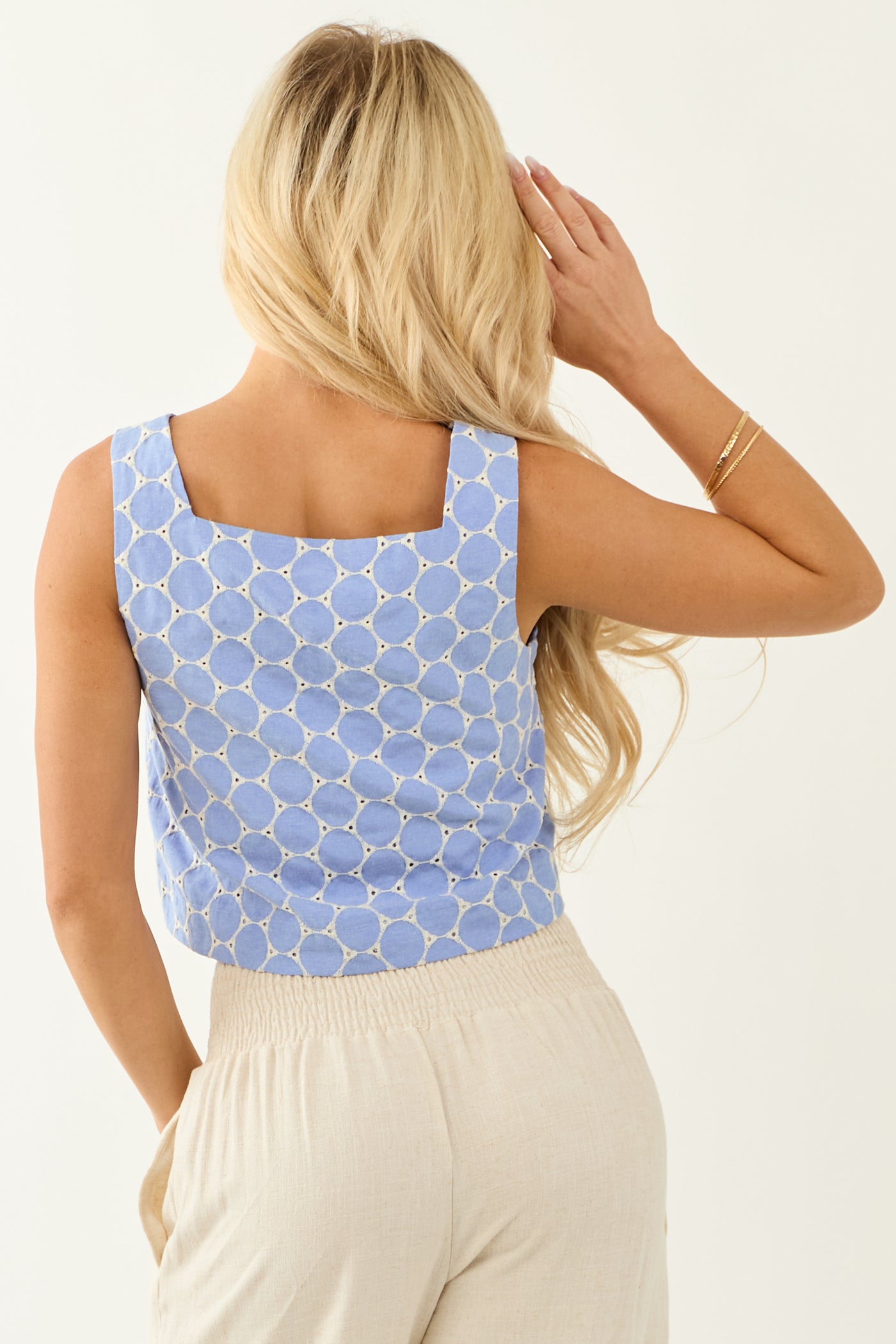 Entro Cornflower Chambray Denim Embroidered Tank Top
