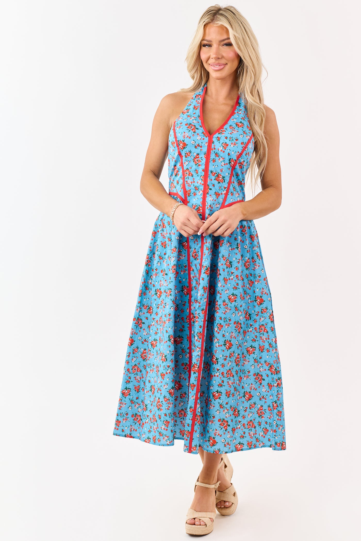 Entro Cornflower Floral Print Cotton Midi Dress