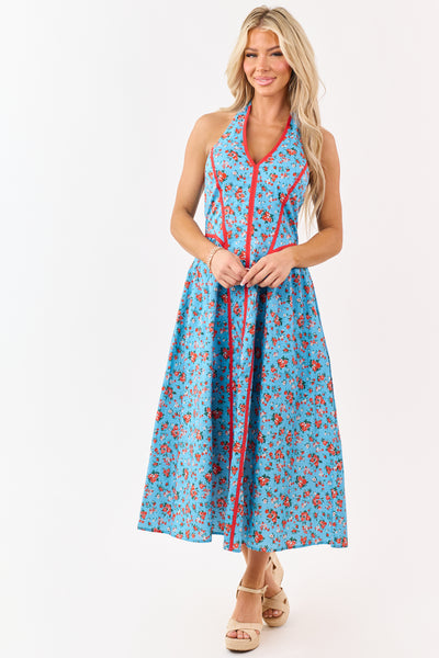 Entro Cornflower Floral Print Cotton Midi Dress